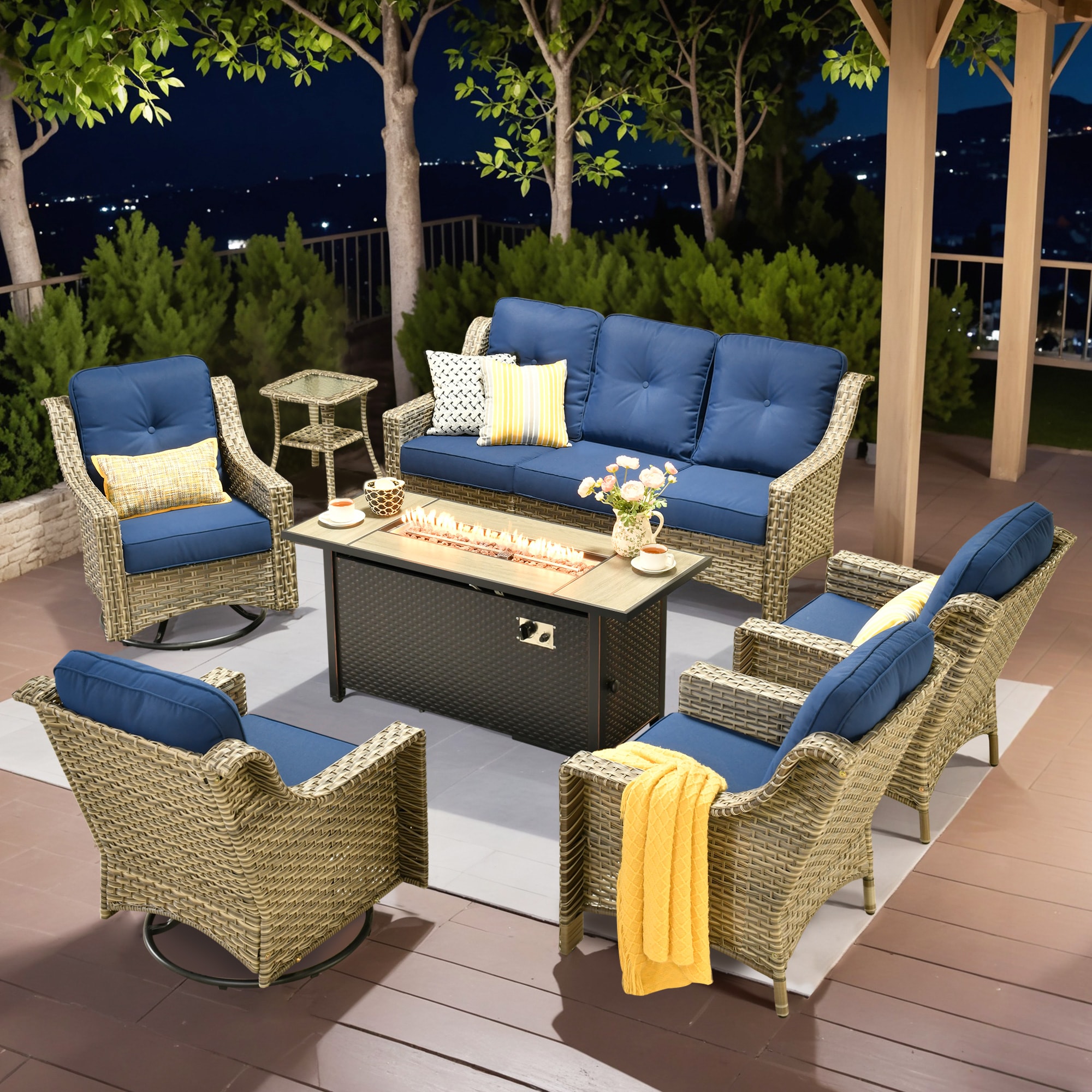 Caodoc L5-CFP03-YZPAD7072 New right-Angles Rattan Outdoor Sectional with Blue Cushions and Rattan Frame