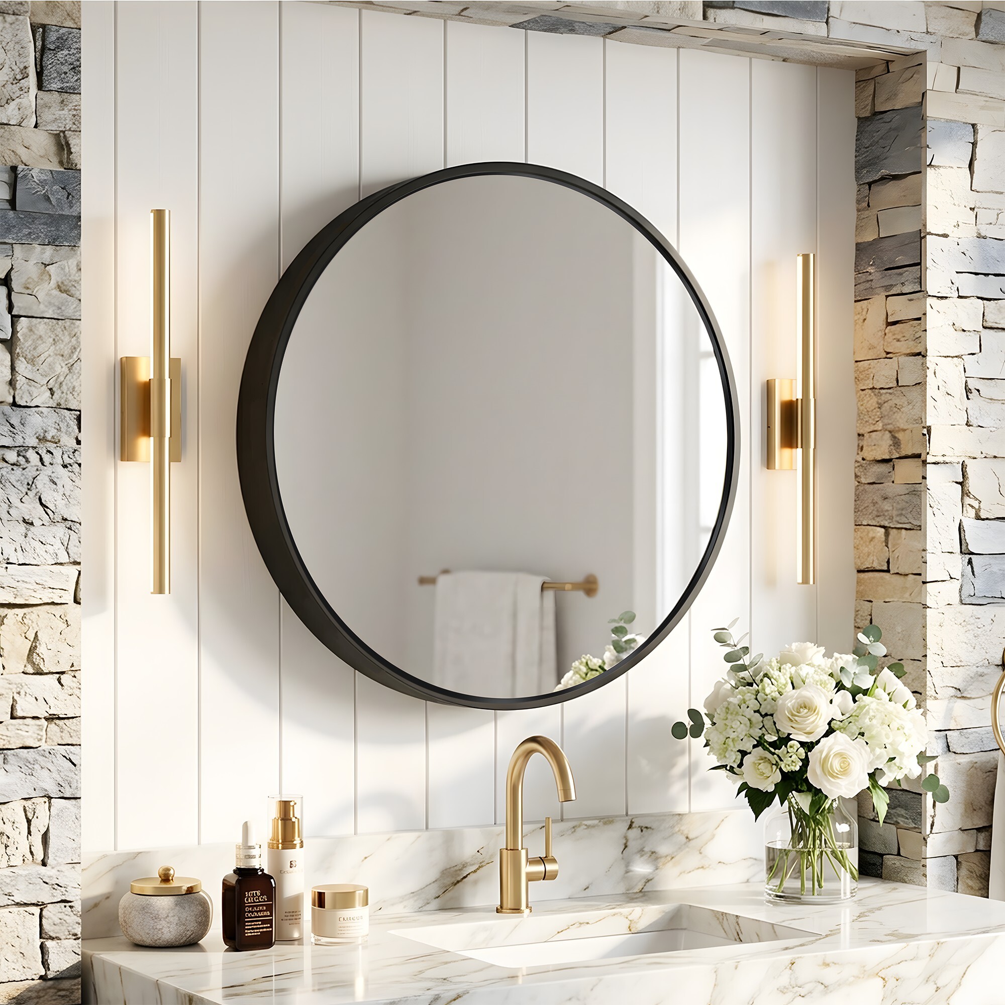 Misty Moon 24in x 24in Black Metal Round Medicine Cabinet Mirror Wall Mount Storage Mirror Cabinet for Bathroom Vanity Decor