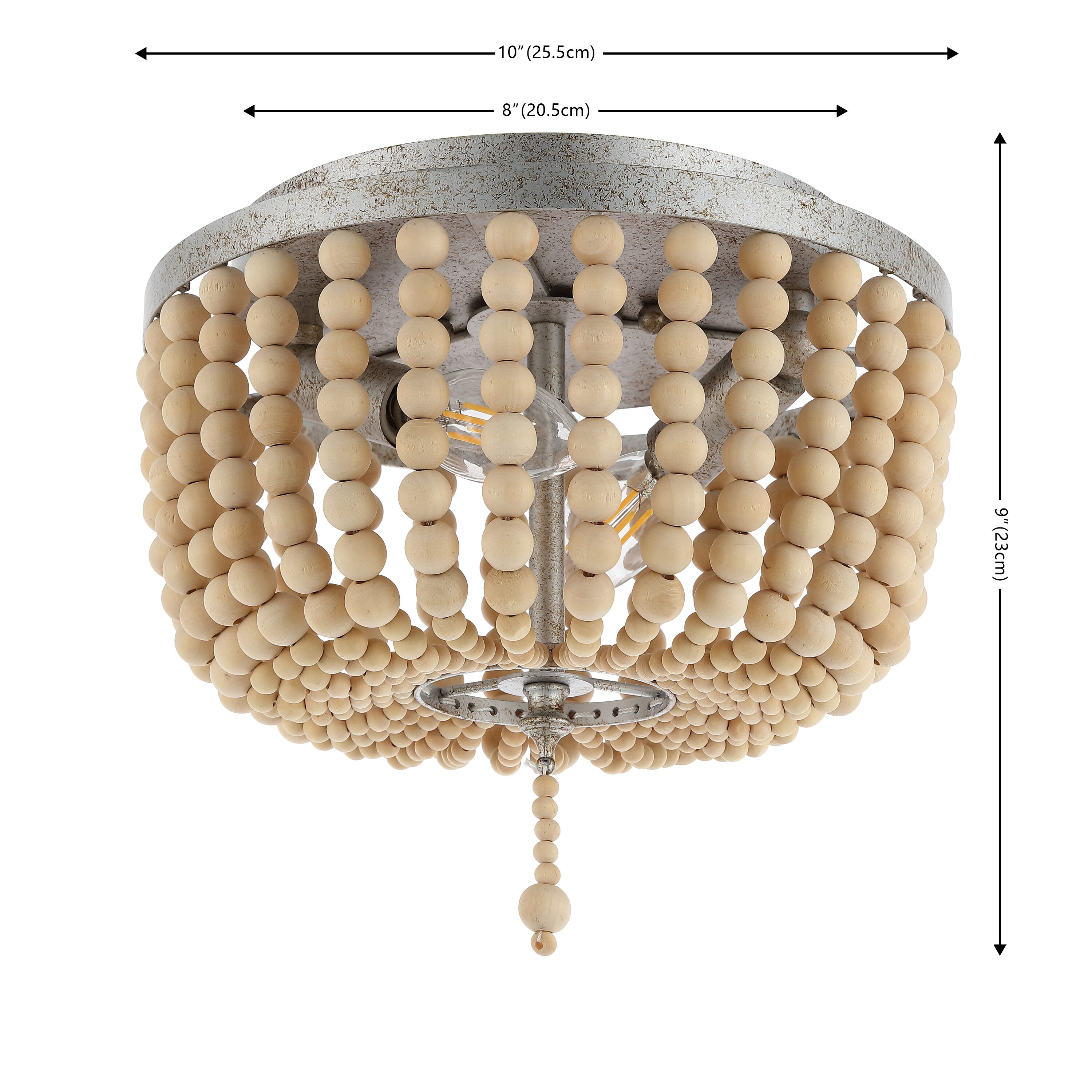 Antique Silver and Cream Wood Beaded Farmhouse Flush Mount Light