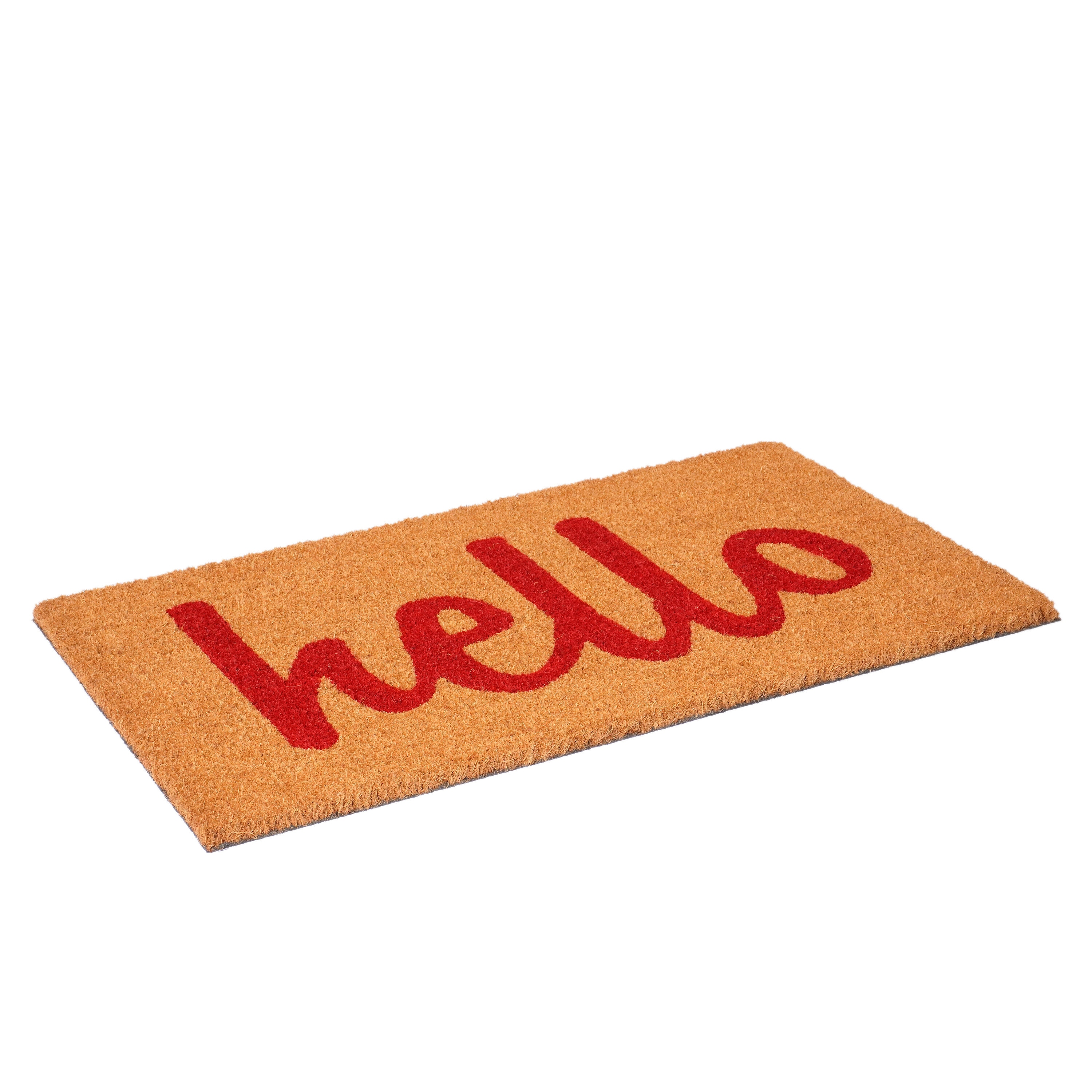 Natural Coir Red Script Hello Outdoor Doormat