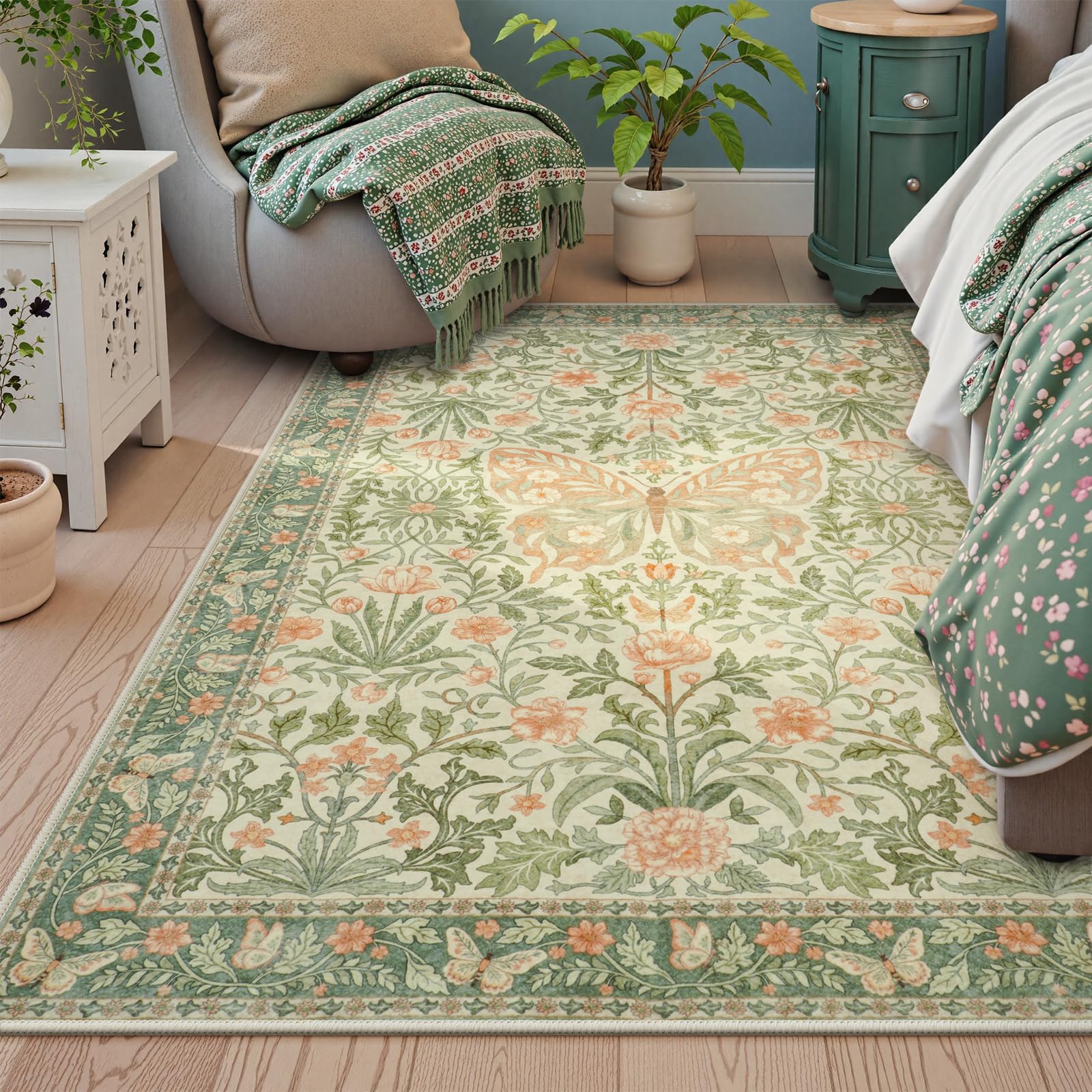 Lahome AR-DYR-468-G1 5 x 7 (ft) Grass Green GST Morris Butterfly Full Coverage Short Pile Velvet Rectangular Indoor Area Rug