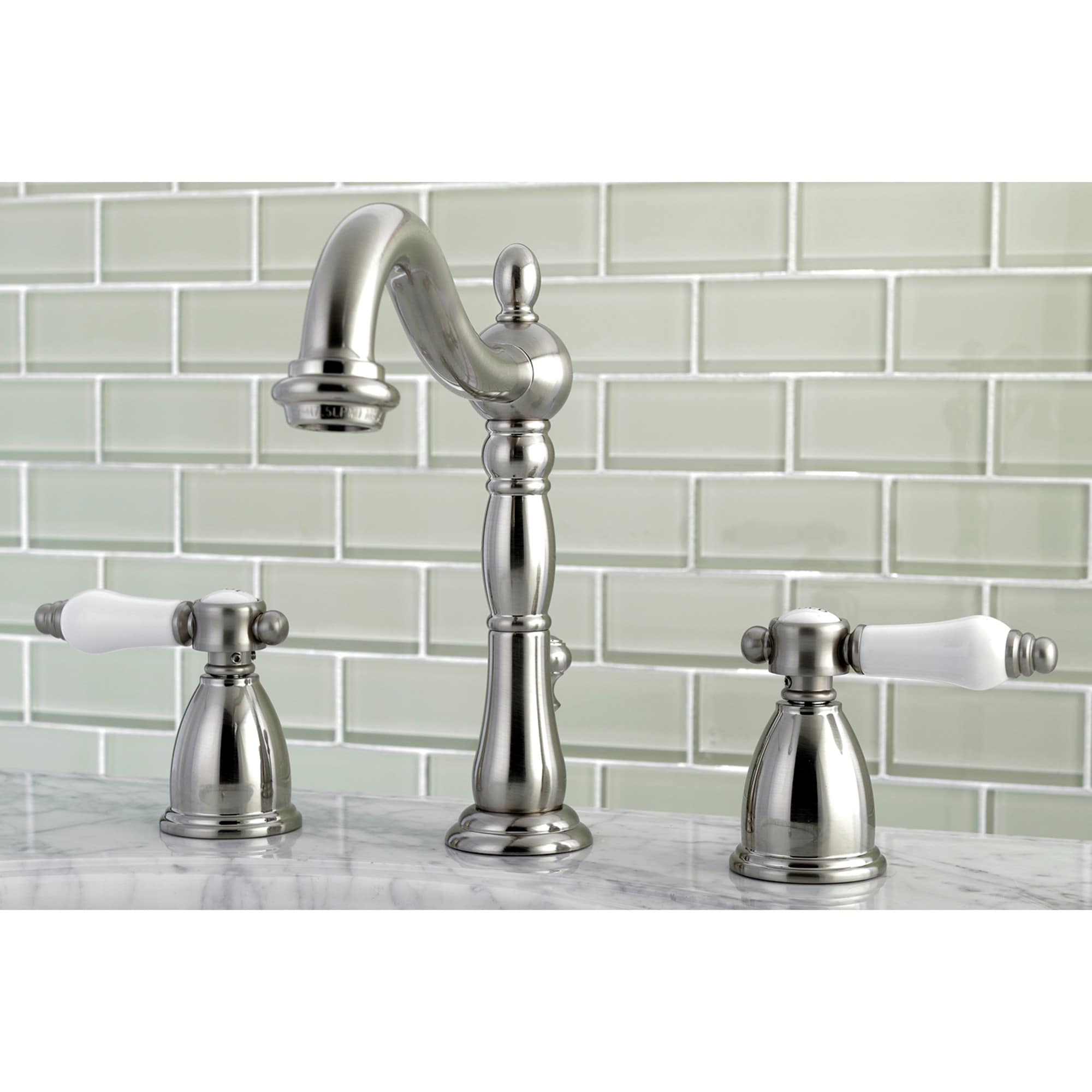 Kingston Brass WLKB1978BPL Bel-Air Brushed nickel Widespread 2-handle High-arc Residential Handle Bathroom Sink Faucet with Drain