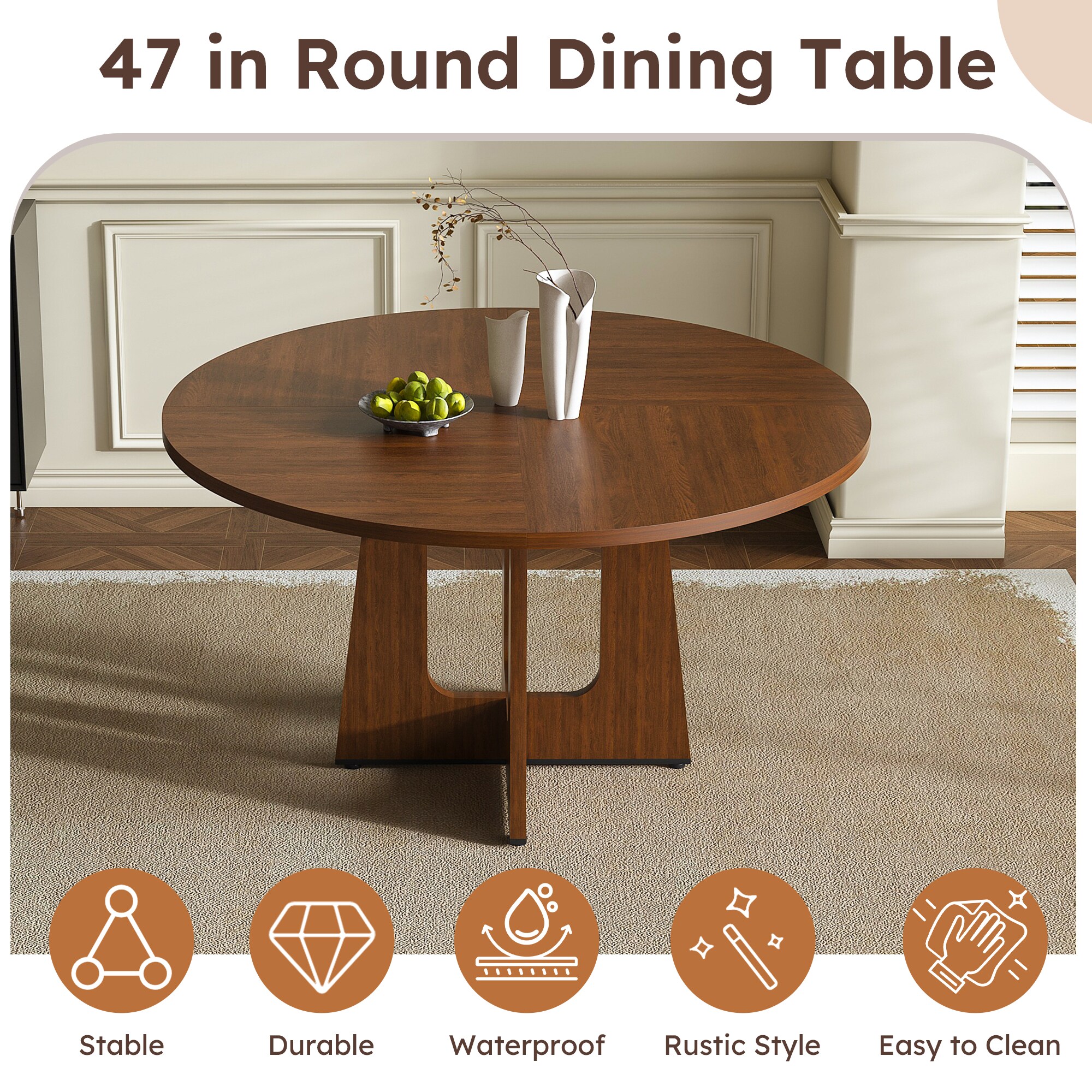 Beedesign 47 Inch Farmhouse Round Dining Table for 4 MDF Wood Grain ...