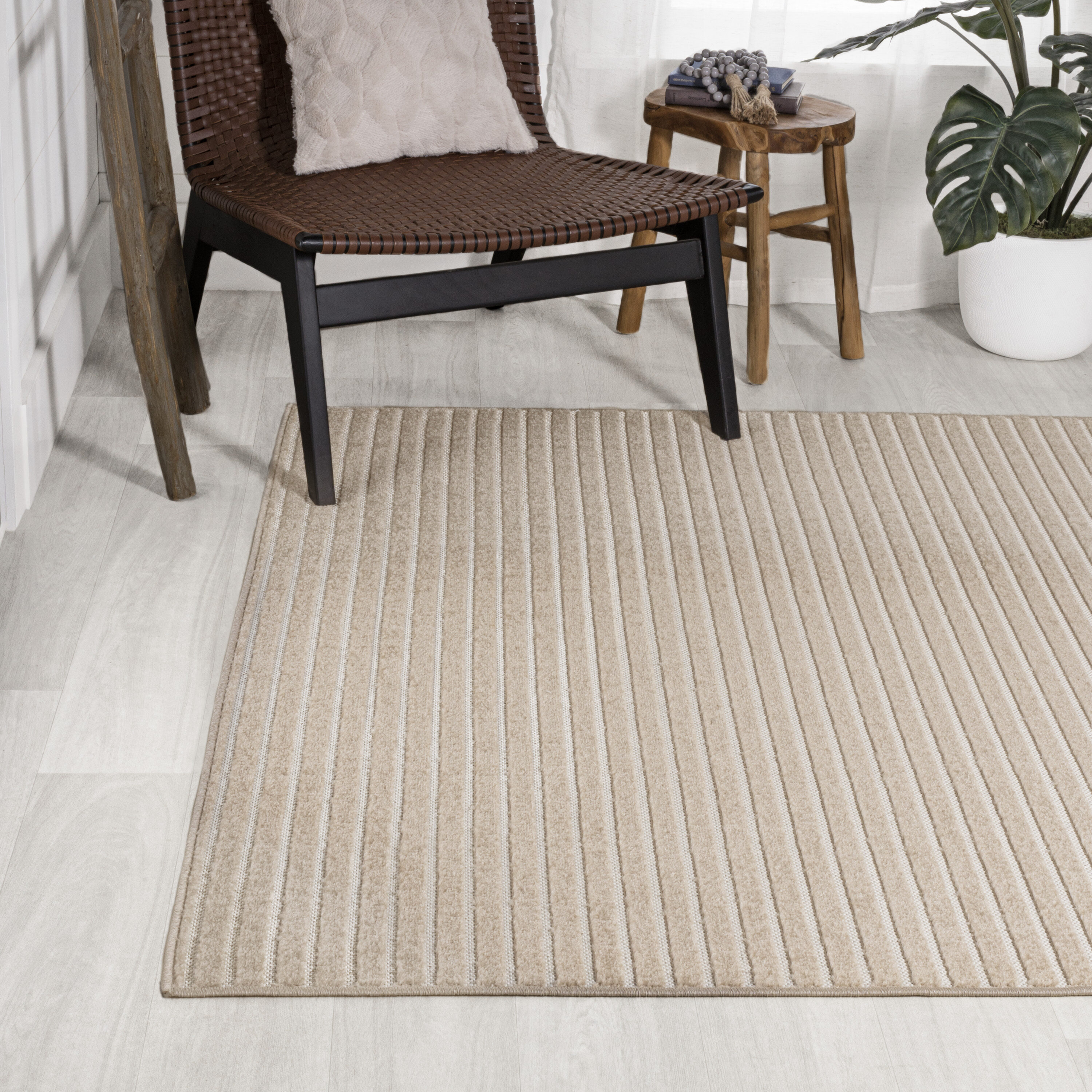 Aarhus Beige and Cream Striped 8' x 10' Synthetic Area Rug