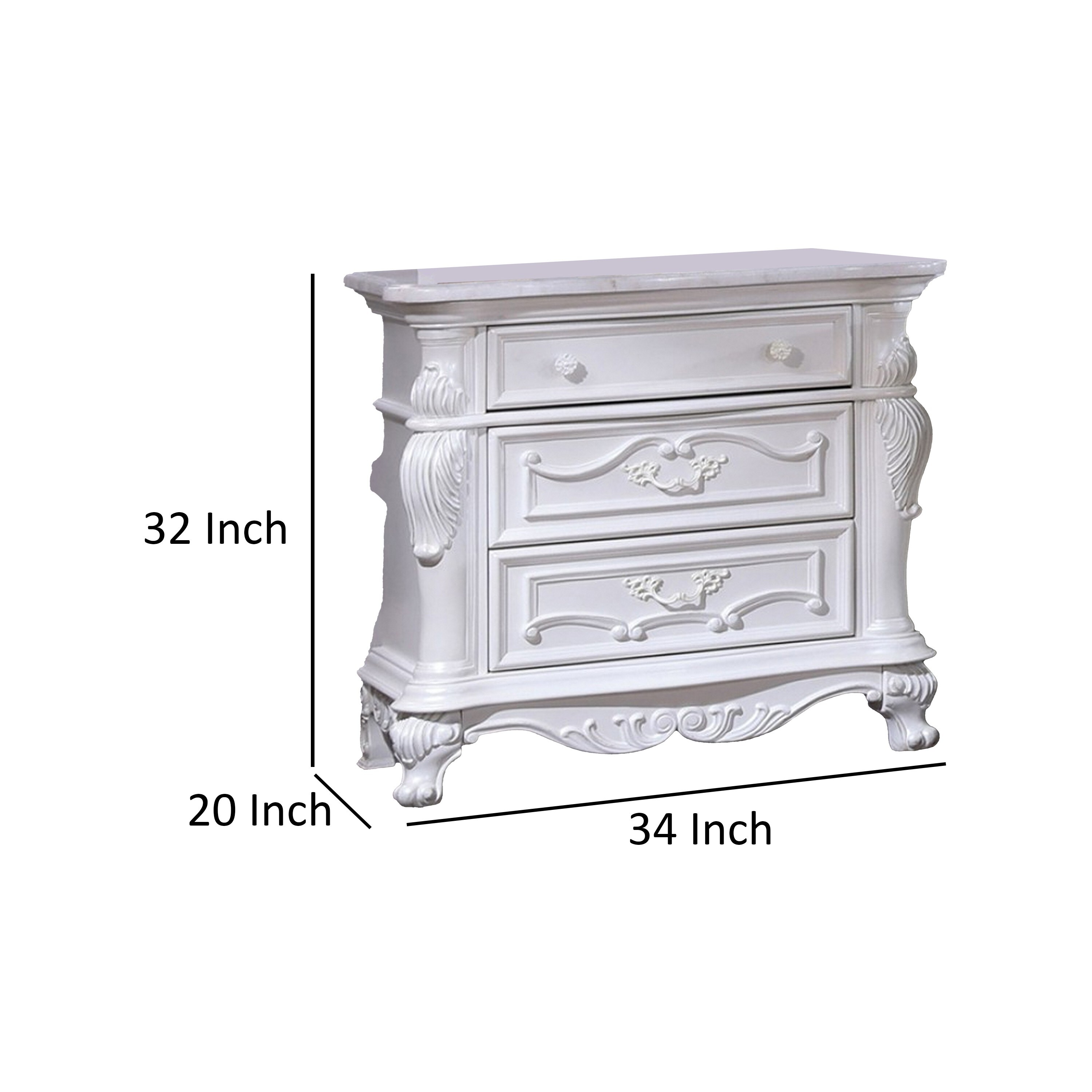 Venta White Solid Wood 3 Drawer Nightstand with Carved Details