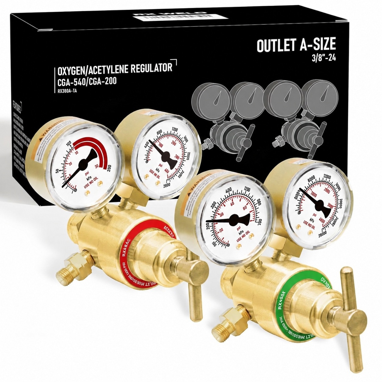 Adrinfly  Light Duty Oxygen Acetylene Regulator Set CGA 540 Oxygen CGA 200 Acetylene for Small MC Tanks Outlet Three Eighths 24 A Size