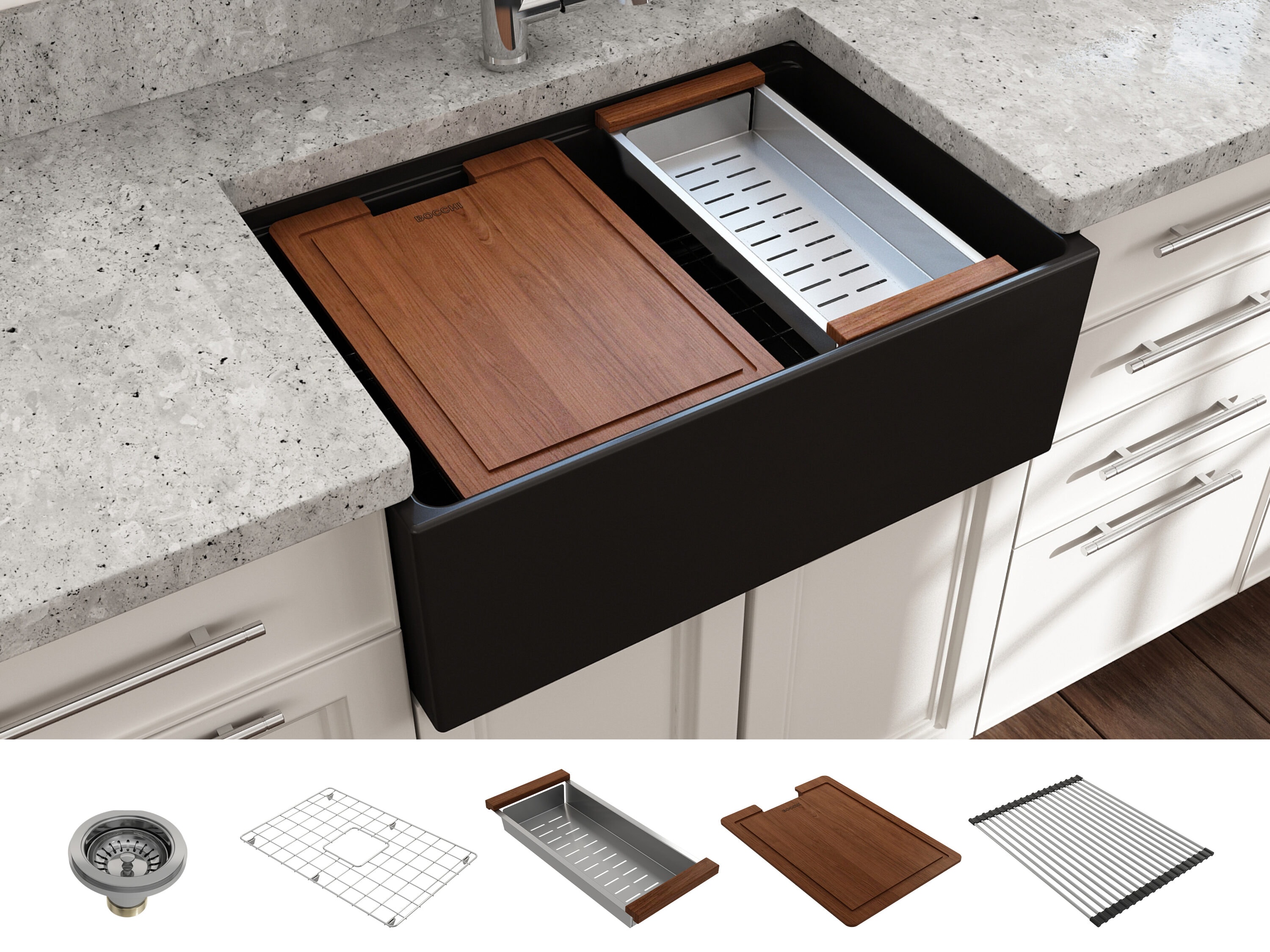 BOCCHI 1628-004-0120 Farmhouse apron front 27-Inches x 19-Inches Fireclay Single bowl Workstation Kitchen Sink