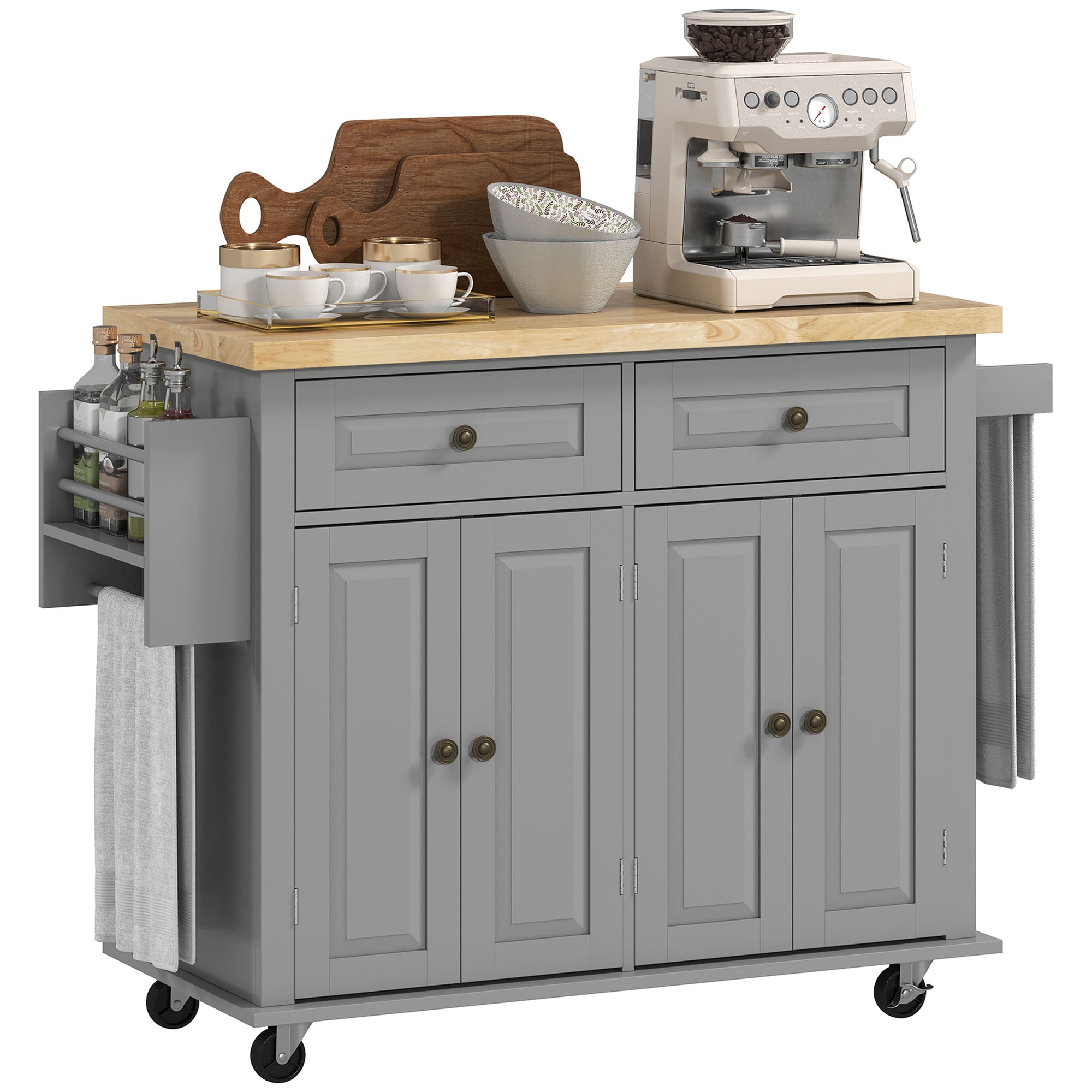 HomCom 801-161GY Kitchen Island Cart with Rubber Wood Top Rolling Kitchen Island Table on Wheels with Drawers Adjustable Shelves Spice Rack and Towel Rack for Dining Room Gray