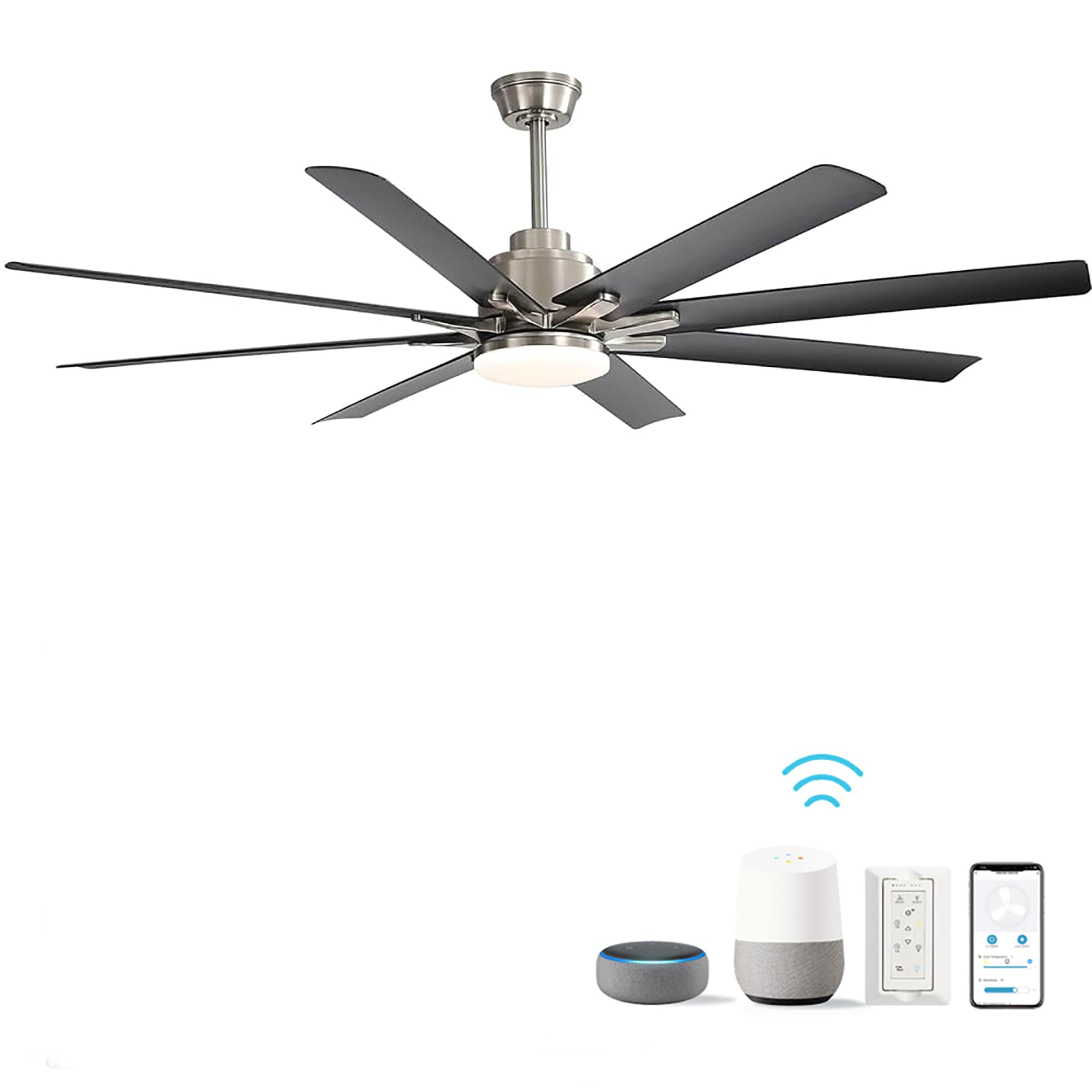 Fun Orange FUN25CF11 Large Ceiling Fan 66-in Color-Changing Integrated LED Outdoor Downrod or Flush Mount Smart Nickel with Gray Blades Ceiling Fan With Light - Remote Included ( 8 -Blade )