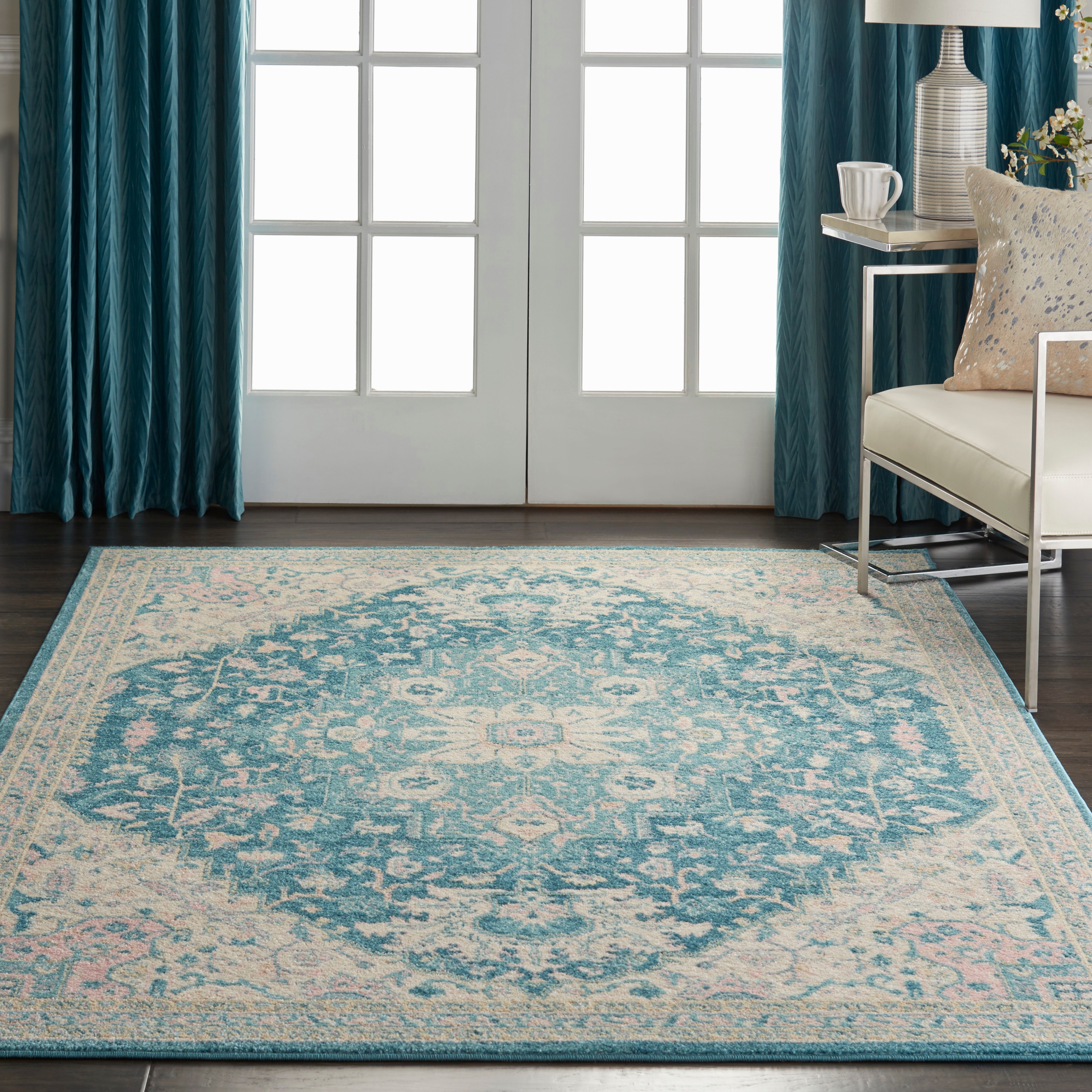 Nourison 99446485762 Tranquil 5 x 8 (ft) Loomed Polypropylene Ivory/Turquoise Rectangular Indoor Abstract Farmhouse/Cottage Area rug
