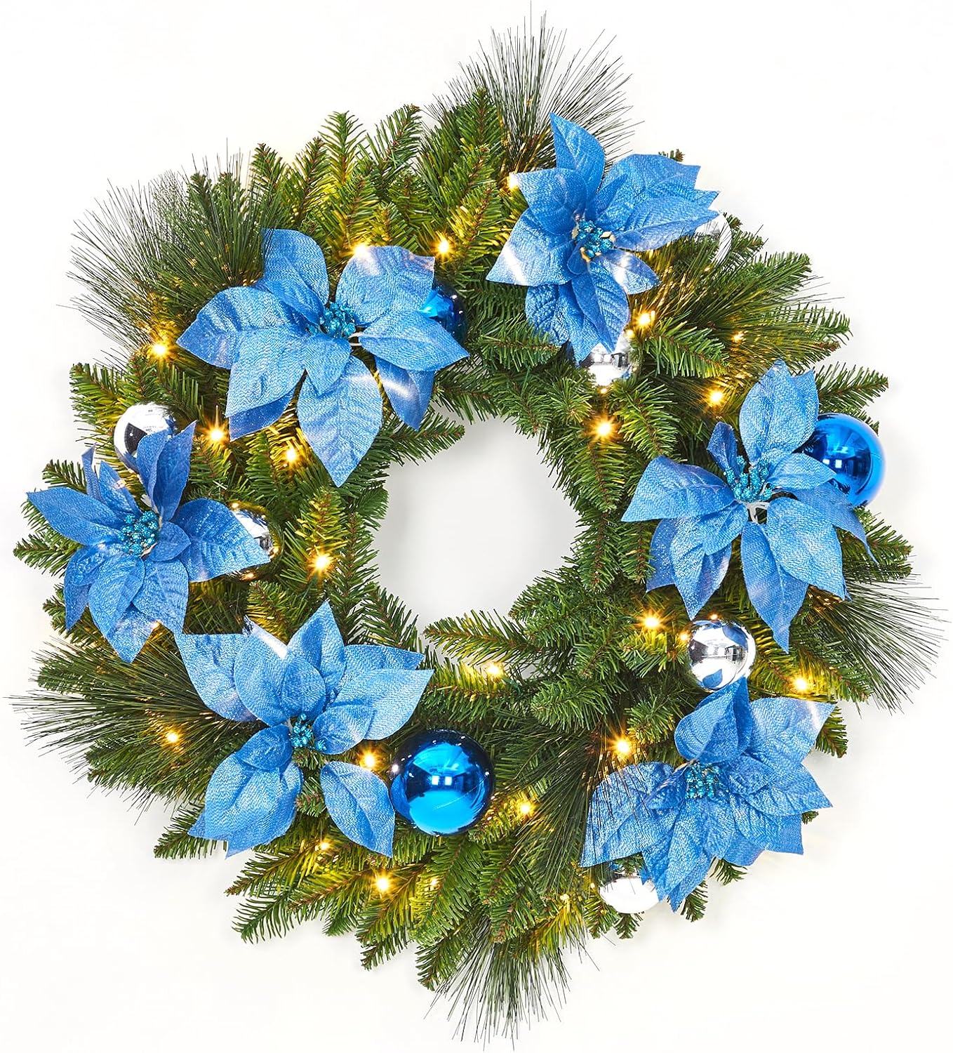 Der Rose 24 in Pre-Lit Christmas Wreath Front Door Lighted Wreath with Flower Cypress Leaves Christmas Ball Christmas Decorations for Window Door Indoor Outdoor Blue and Silver