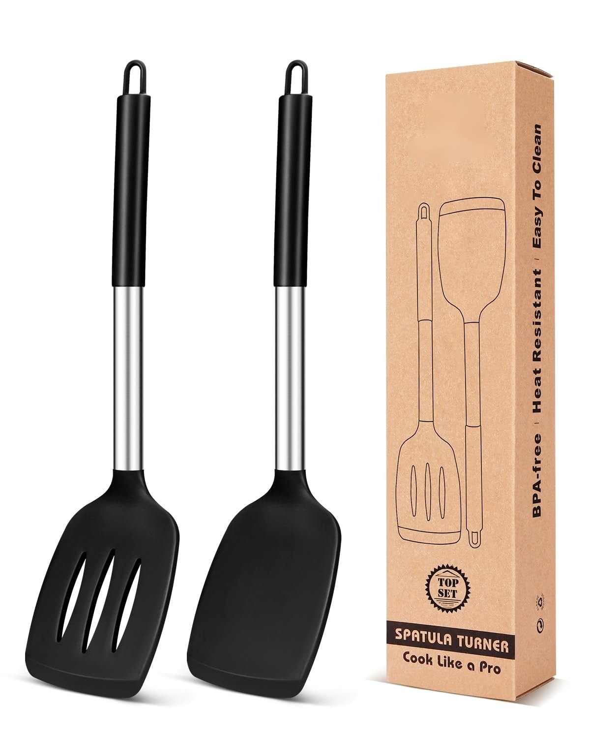 Phewnyzo  Pack of 2 Silicone Slotted Turner Set Non Stick High Heat Resistant BPA Free Cooking Utensils For Eggs Fish Pancakes