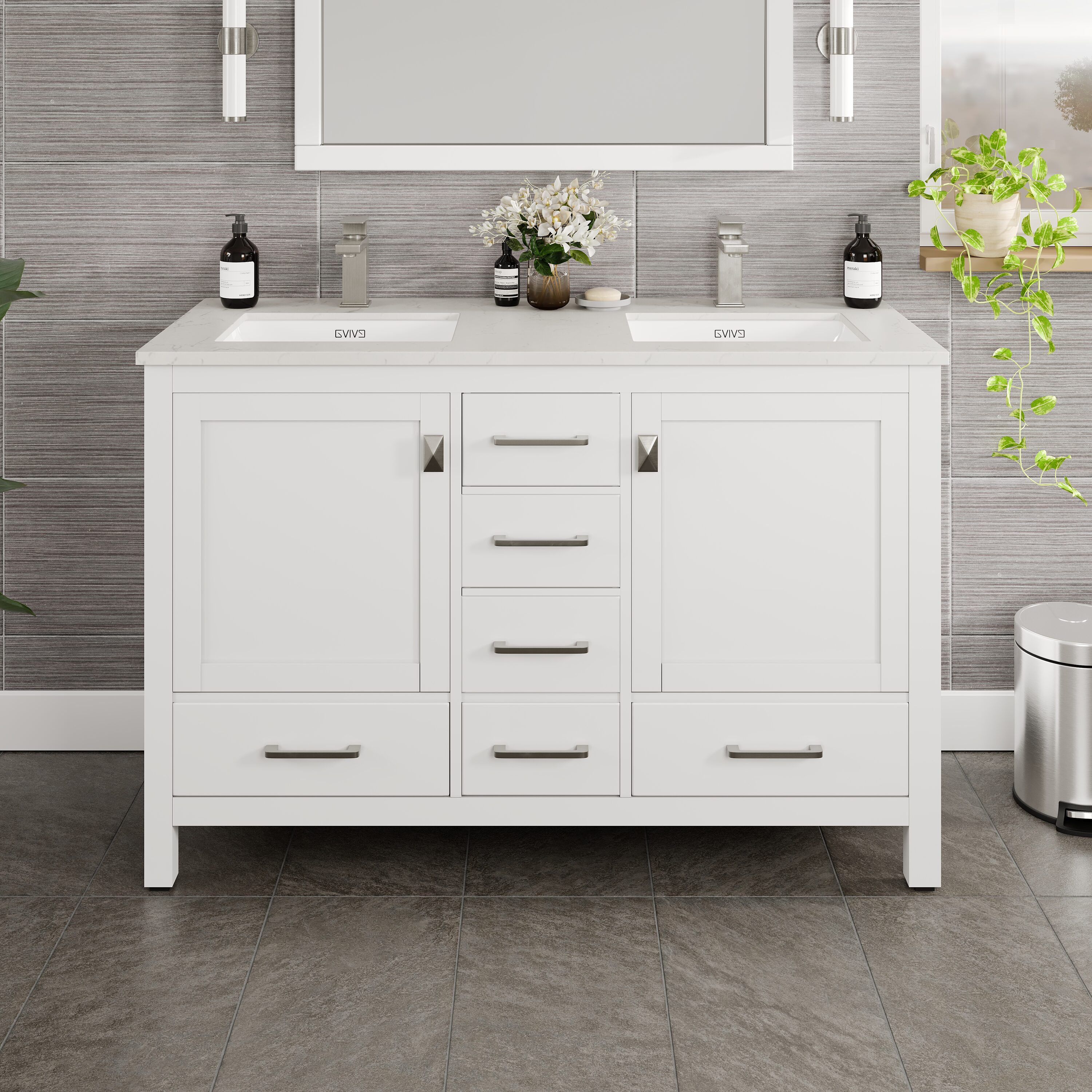 Eviva TVN414-48X18WH-DS London 48-in White Undermount Double sink Bathroom Vanity with White Quartz Top