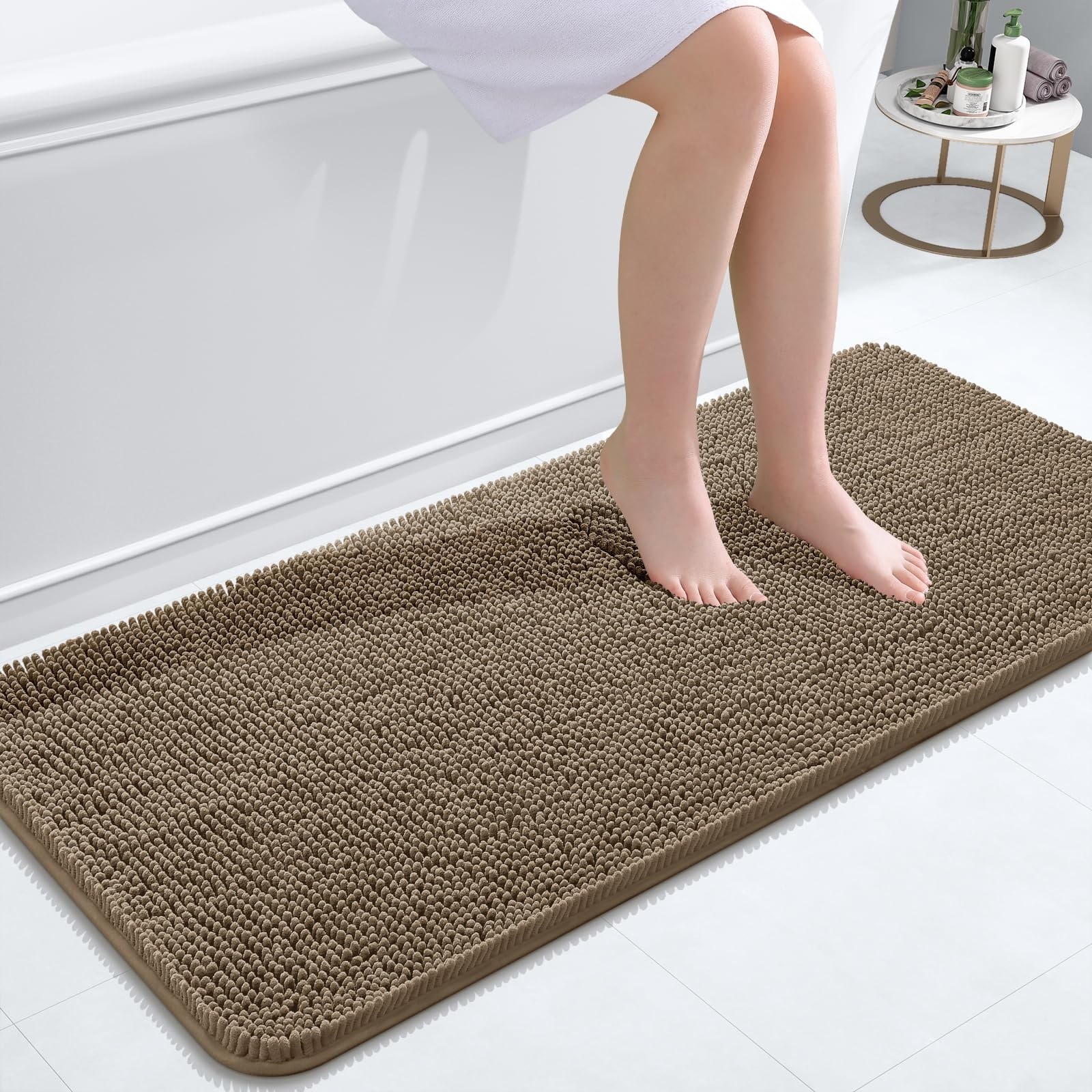 Phewnyzo  Extra Soft Chenille Bathroom Rug 47 x 20 Inch Absorbent Quick Dry Machine Washable Bath Mat Rubber Backing Tan Plush Carpet for Floor