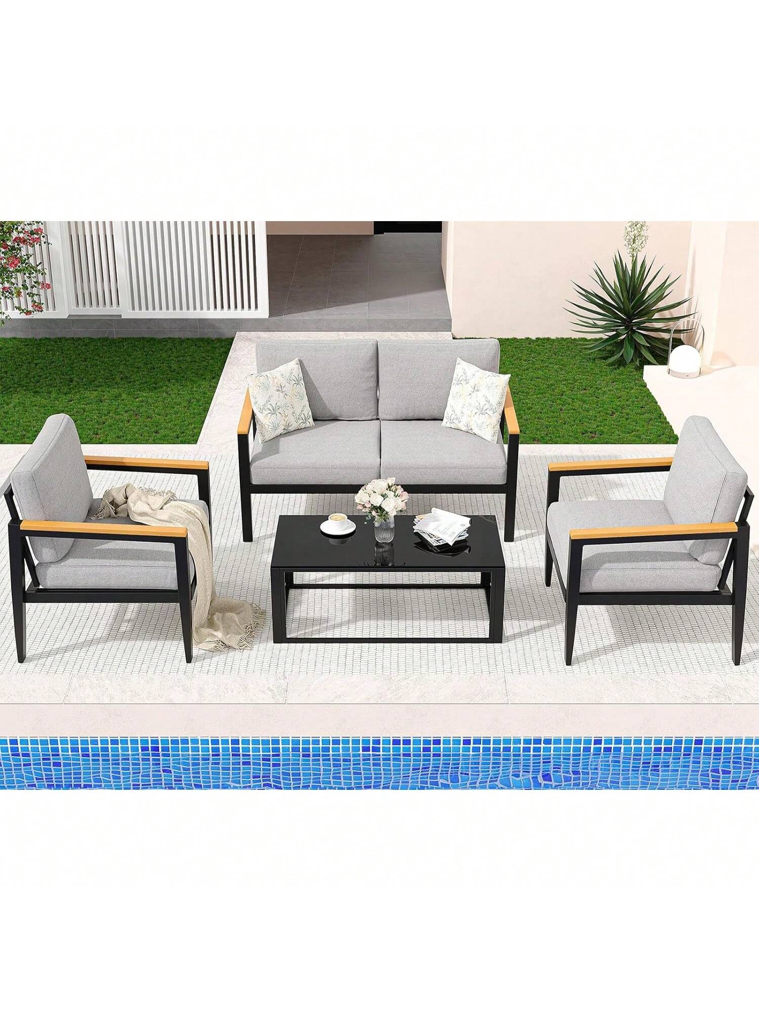 Qeetex PHO-13G1L35E-HF4 Outdoor Aluminum Furniture Set.4 Piece Patio Conversation Sets.Removable and Washable Cushion.Ink Color Tempered Glass Table Light Grey
