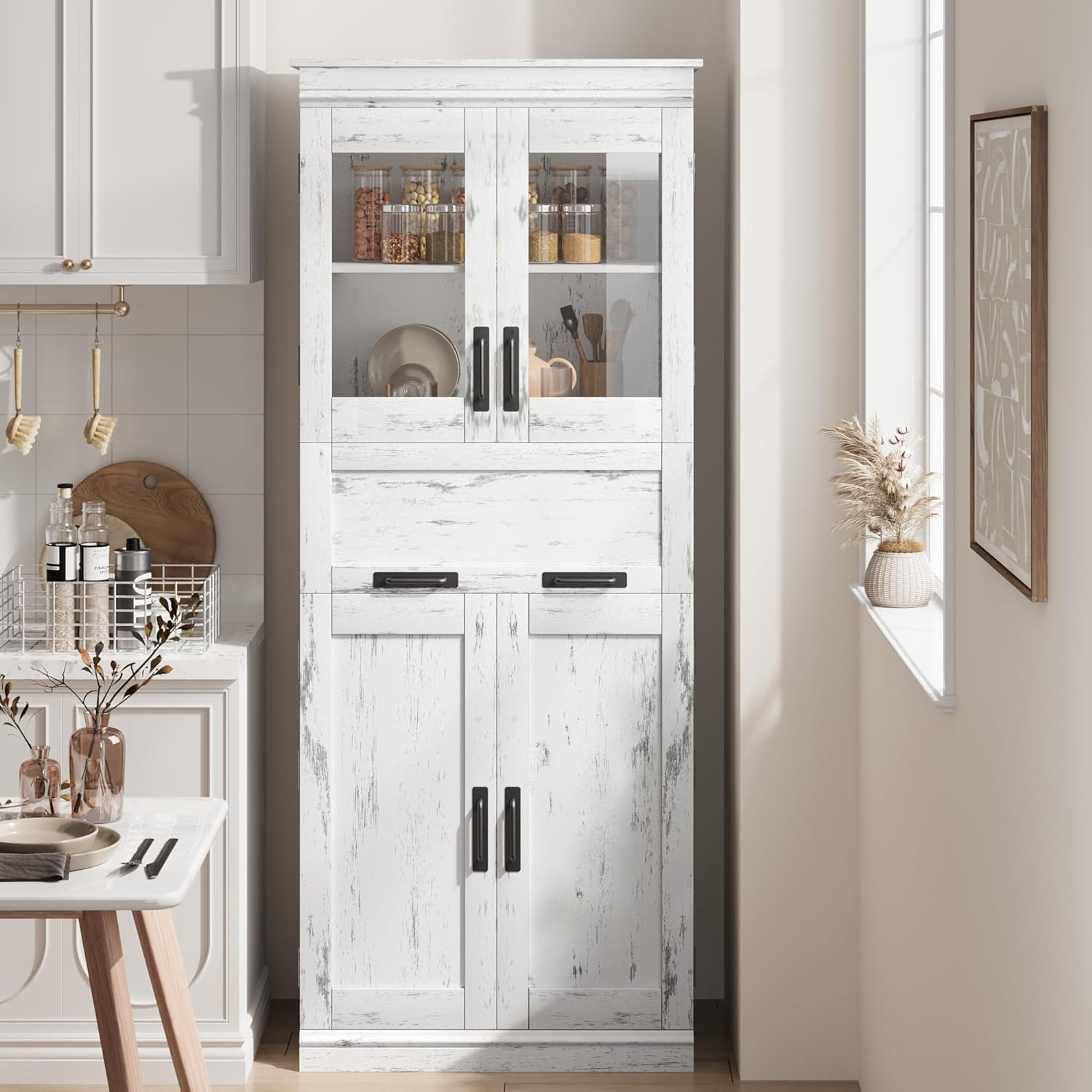 GarveeLife 67-in Tall Pantry Cabinet with Glass Doors Freestanding Storage Cupboard with Drawer and Adjustable Shelves