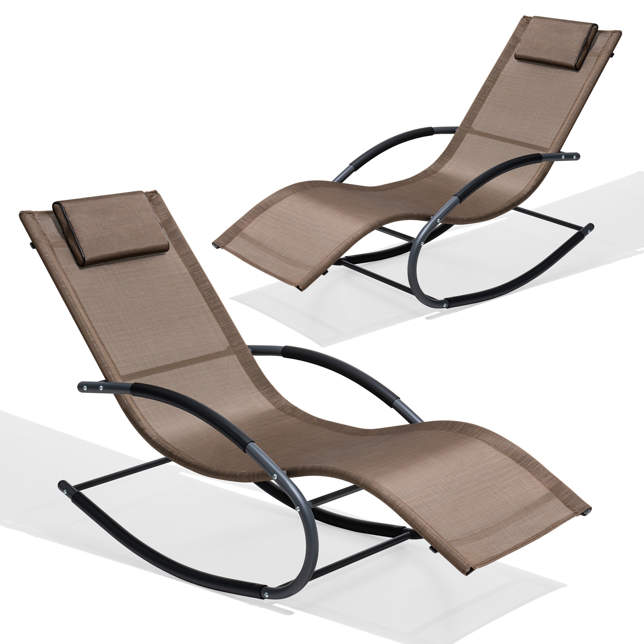 Crestlive Products CL-RC001BRN-2PC Patio Rocking Chair with Pillow Gray Steel Frame Set of 2 Brown Metal Frame Rocking Chair with Brown Mesh Seat