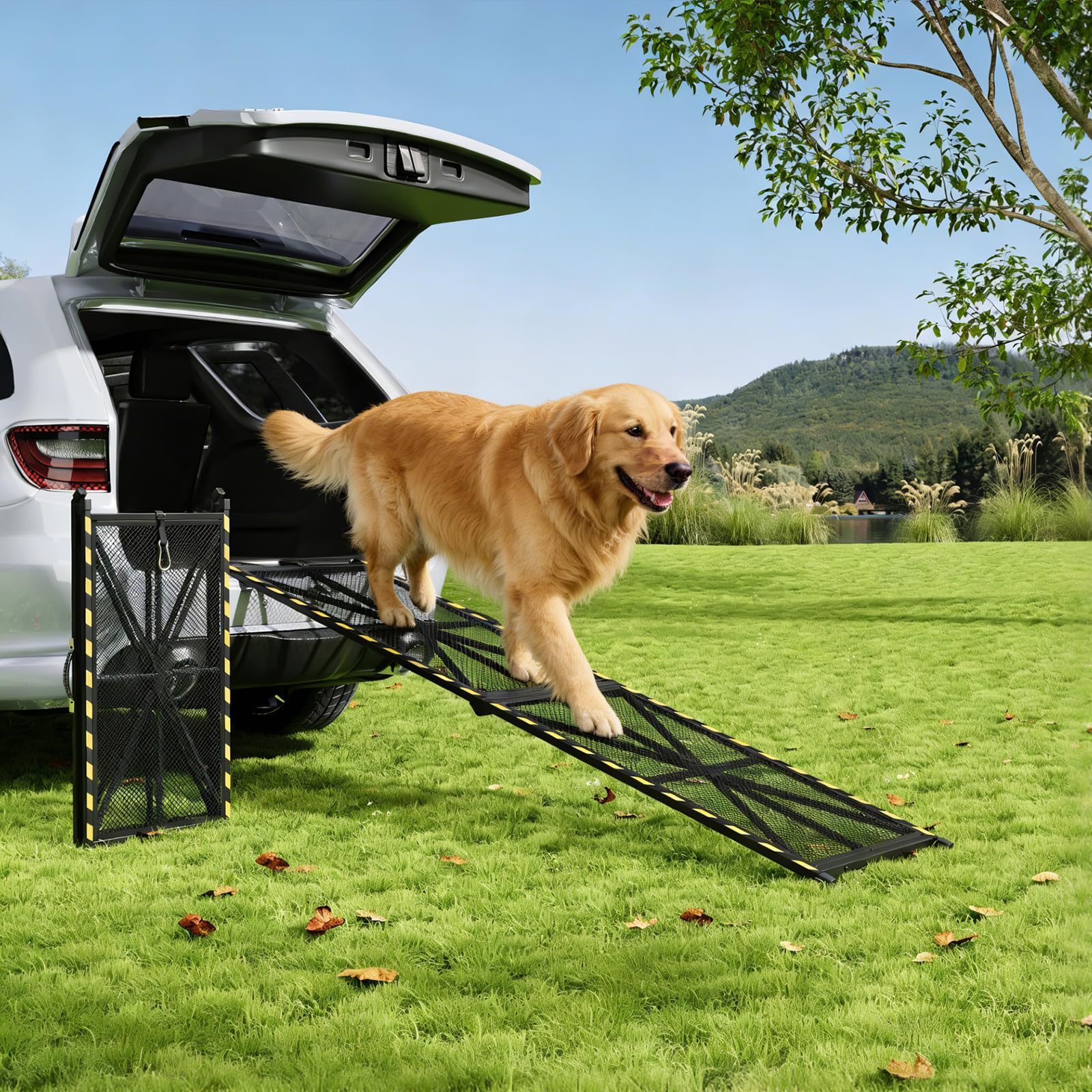 IdealHouse Portable Non-Slip Dog Ramp for Cars SUVs and RVs - Collapsible Steel Pet Step Lightweight Supports 300 lbs - Perfect for Large and Senior Dogs - Size 71x20 Inch (Black)
