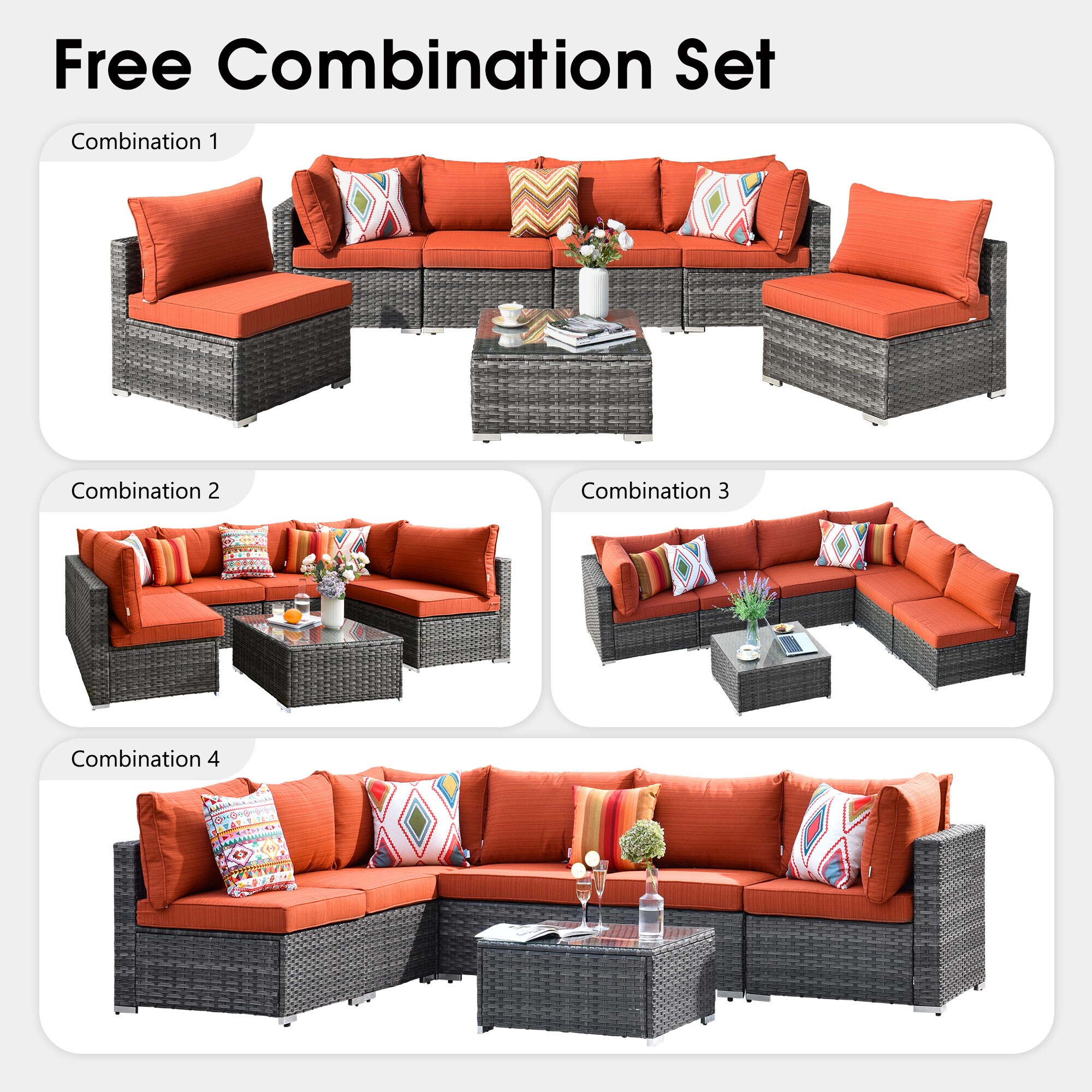 XIZZI Sunrise Rattan Outdoor Sectional with Orange Cushion(S) and Steel  Frame