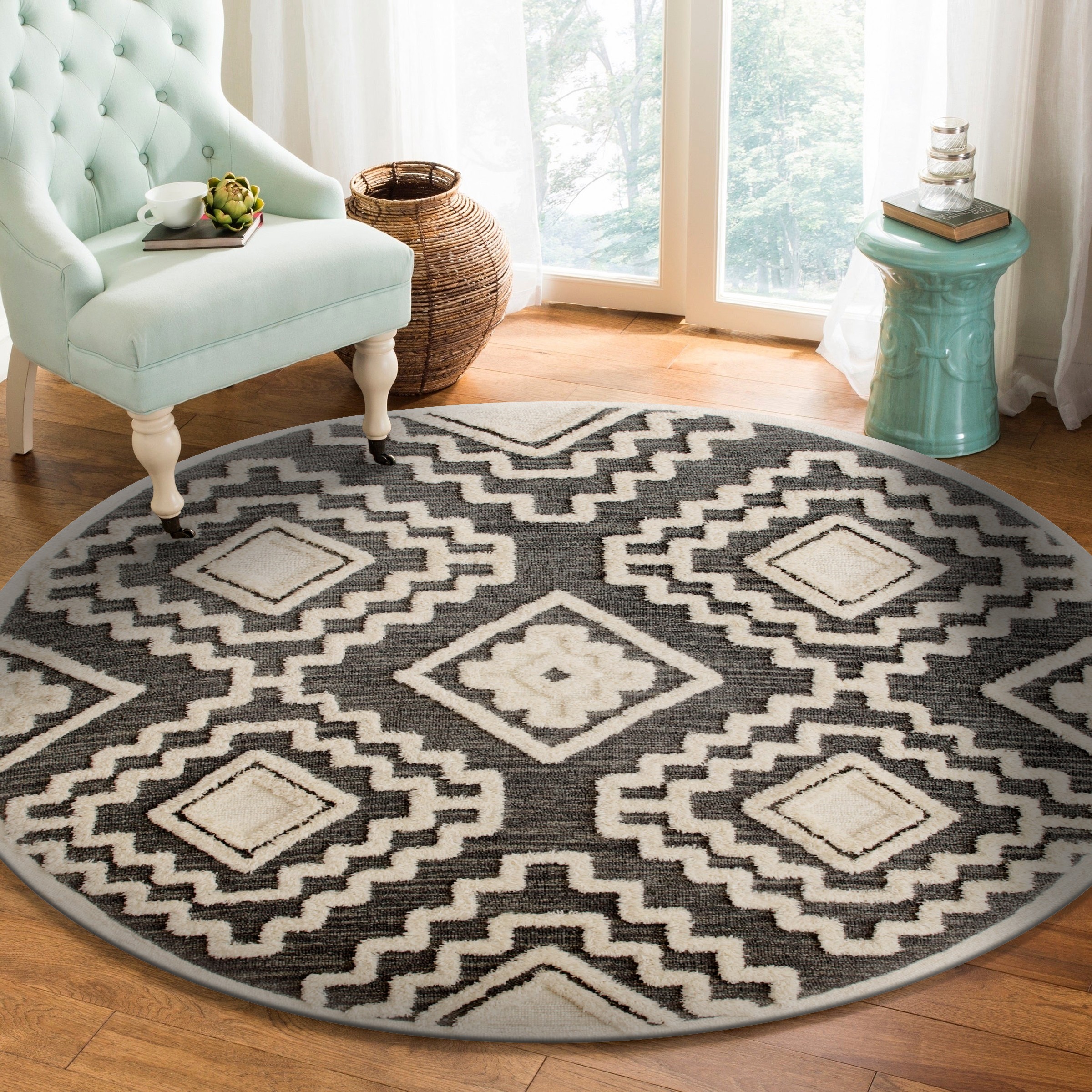 Gray and Cream Tufted Geometric Wool Round Area Rug, 6 ft.
