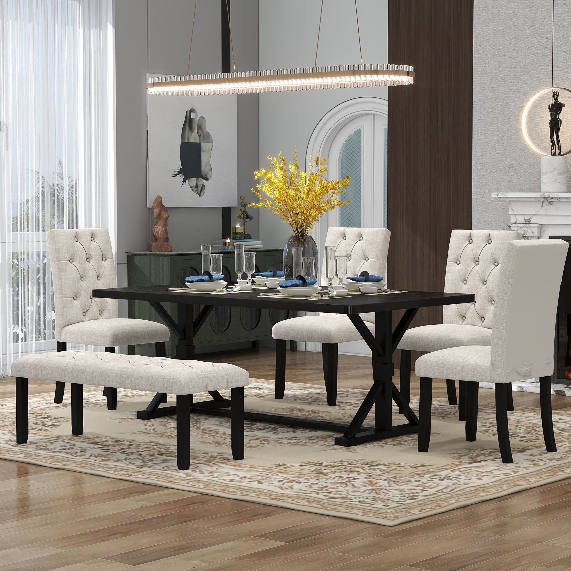 JANSNO DKSELL019 Espresso Rustic Dining Room Set with Rectangular Table ( Seats 6 )