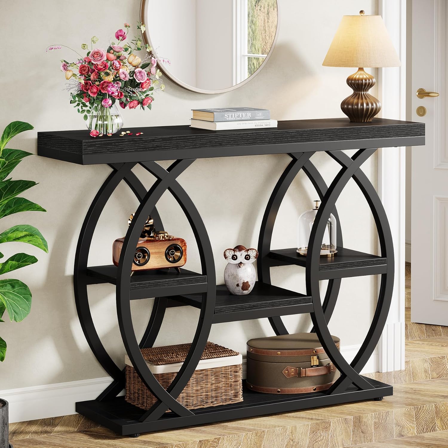 Tribesigns  39.4 inches Console Table Industrial 4 Tiers Sofa Table Entryway Table with Storage Shelves Narrow Wood Accent Tables with Metal Frame for Small Spaces Hallway Foyer Black