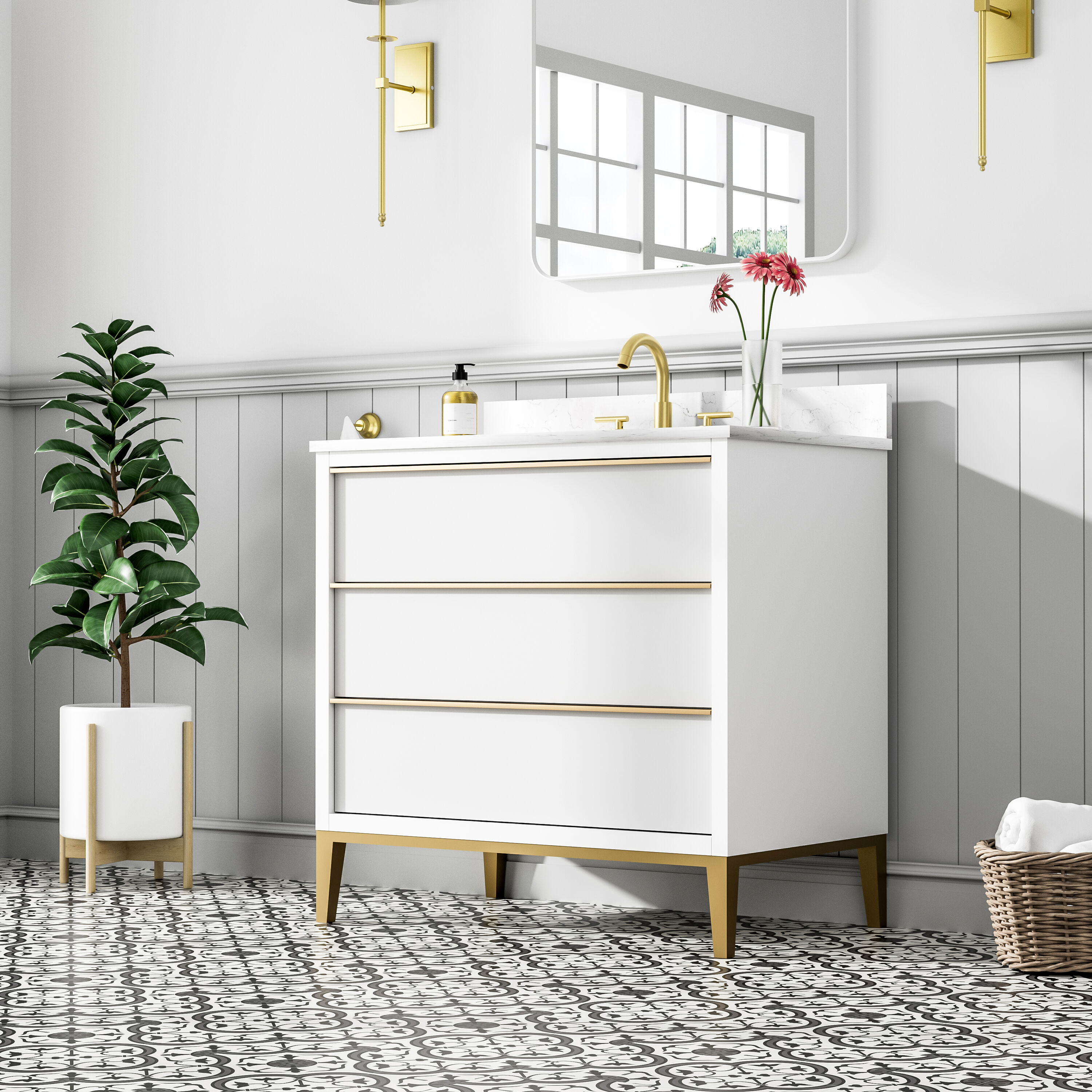 WELLFOR TO-ED-BV30GYBK Solid Wood Bathroom Vanity 36-in White Undermount Single Sink Bathroom Vanity with Carrera White Quartz Top