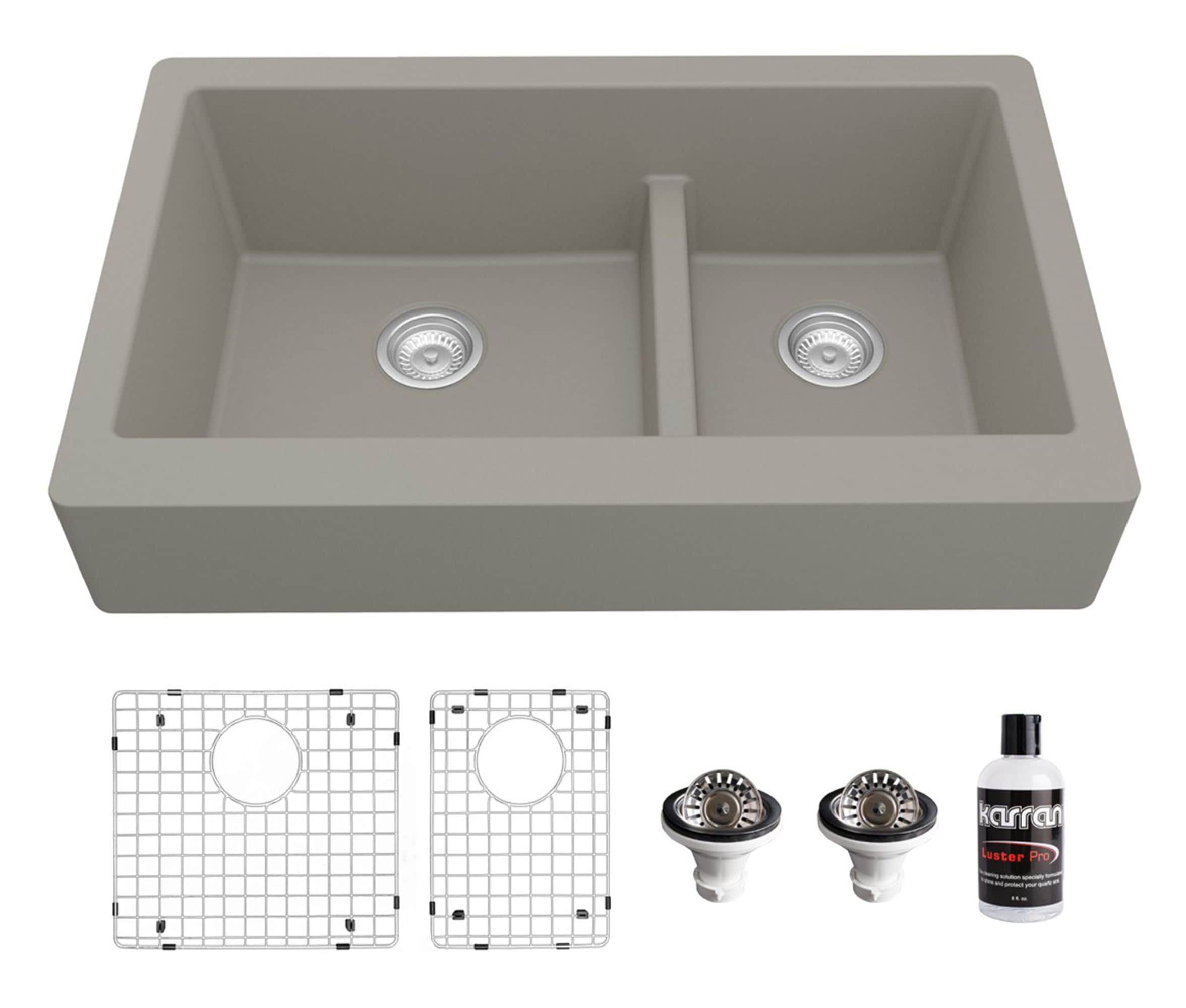 Karran QAR-760-CN-PK1 Farmhouse apron front 34-in x 21.25-in Quartz Double offset bowl Kitchen Sink
