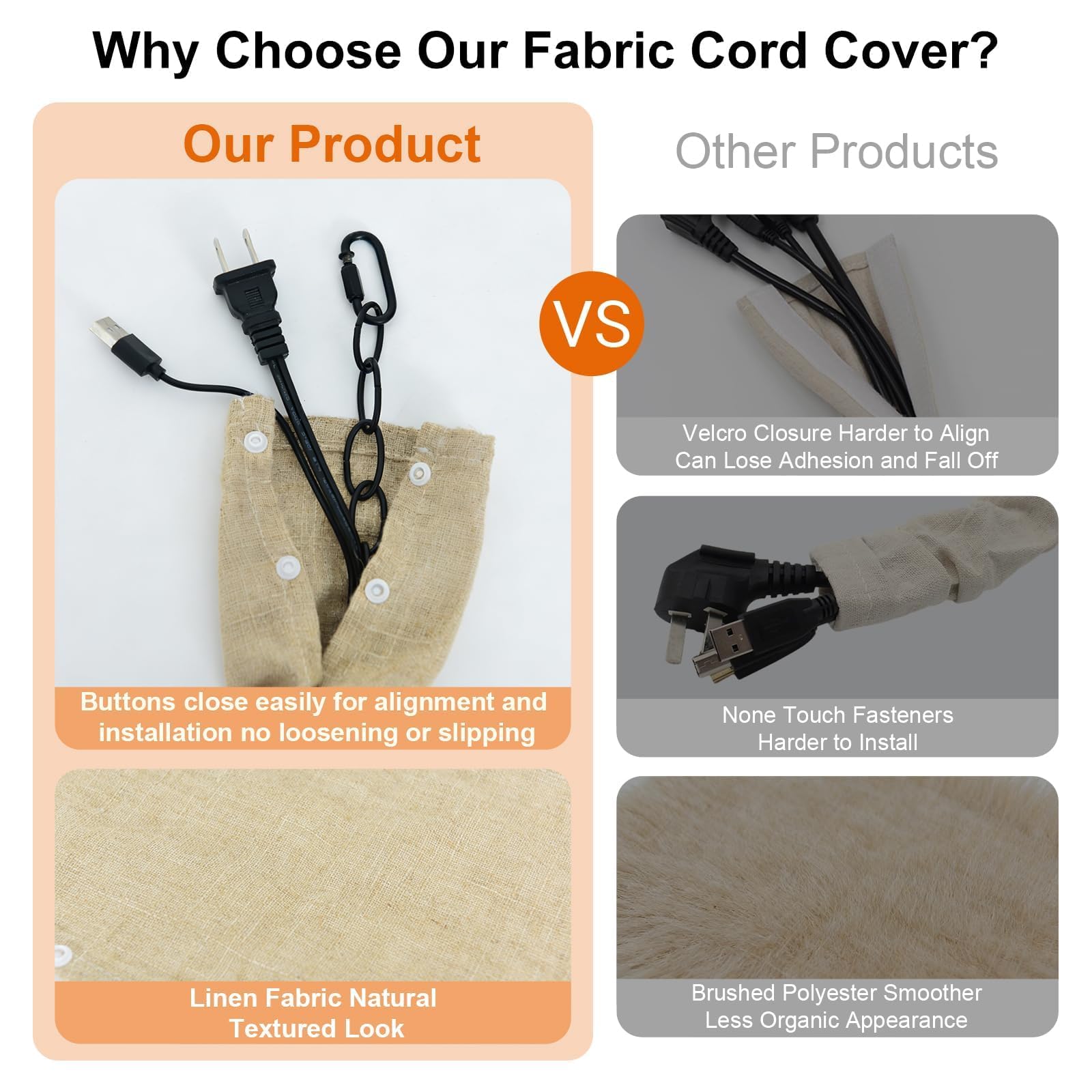 Anqtovp Fabric Cord Cover Beige Linen Cloth Cord Sleeve 70.8 Inch ...