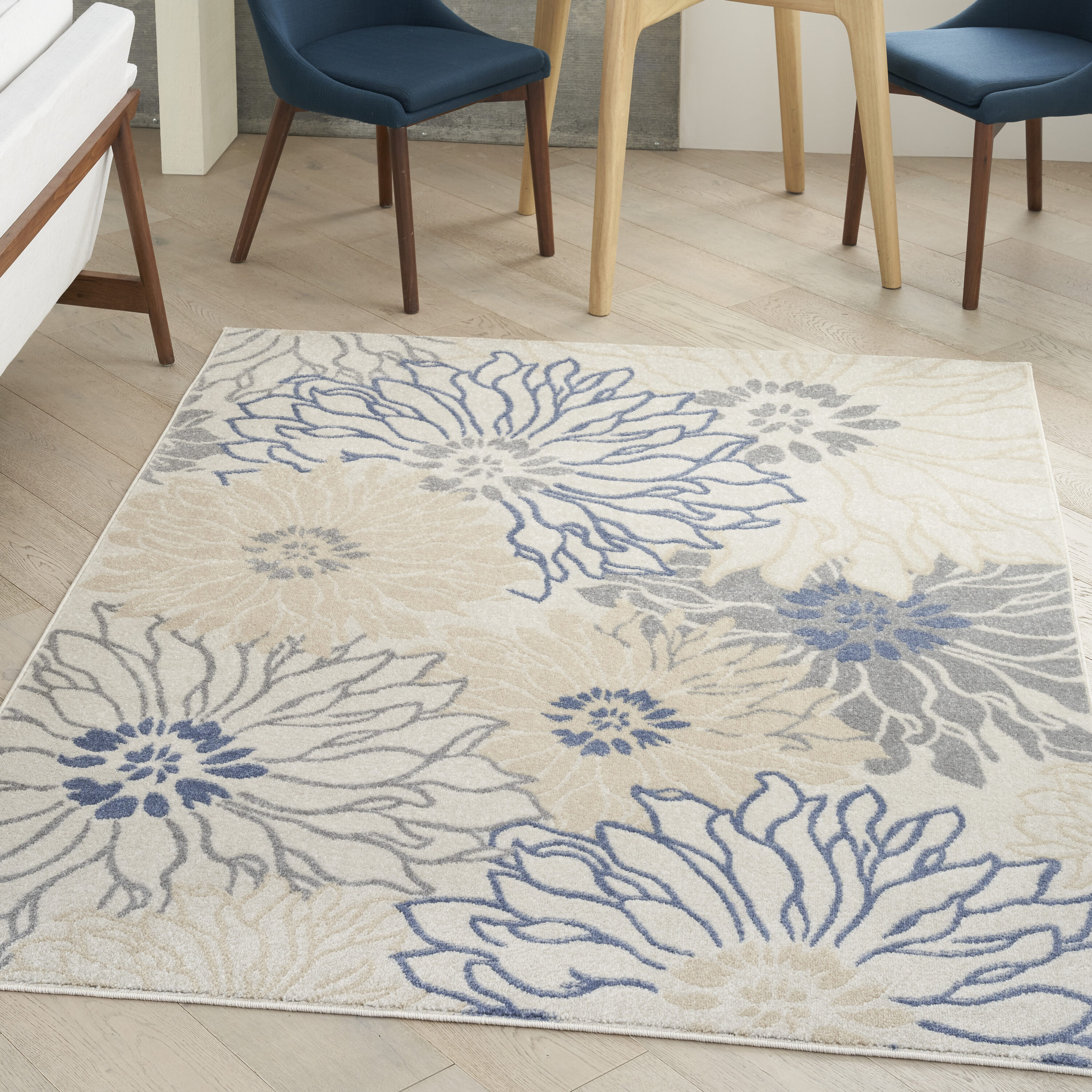 Nourison 099446018748 Passion 5 x 7 (ft) Loomed Polypropylene Ivory Grey Blue Rectangular Indoor Floral/Botanical Mid-Century Modern Area rug