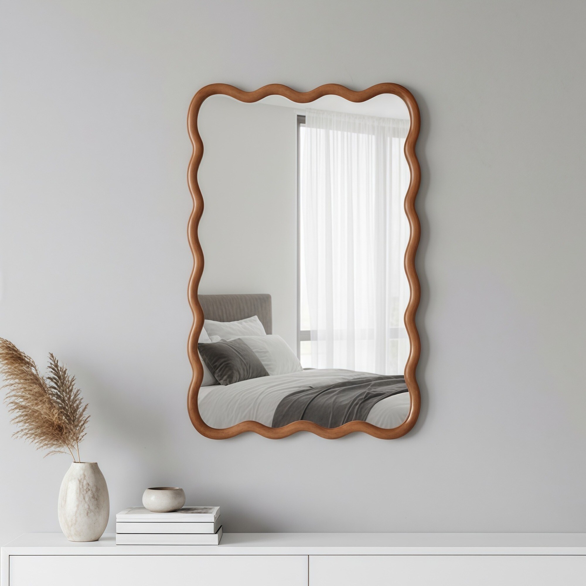 IAK 20 inch x 30 inch Yellowish Brown Solid Wood Frame Decorative Mirror with Wavy Rectangle Design