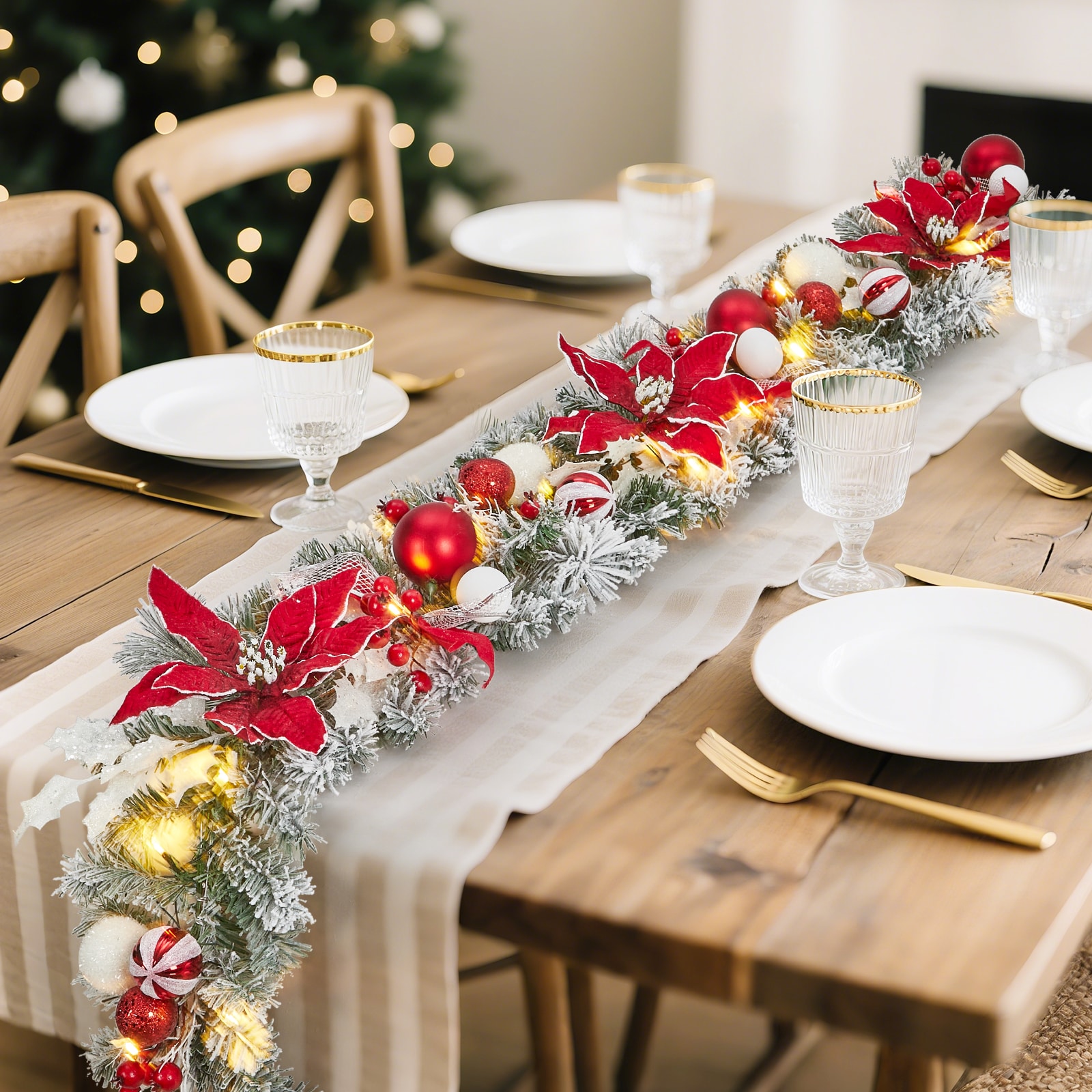 IdealHouse 6 ft Pre-Lit Christmas Garland Battery Operated Xmas Garland with Lights Flowers Ball Ornaments Berries Xmas Decorations for Indoor Outdoor Decoration