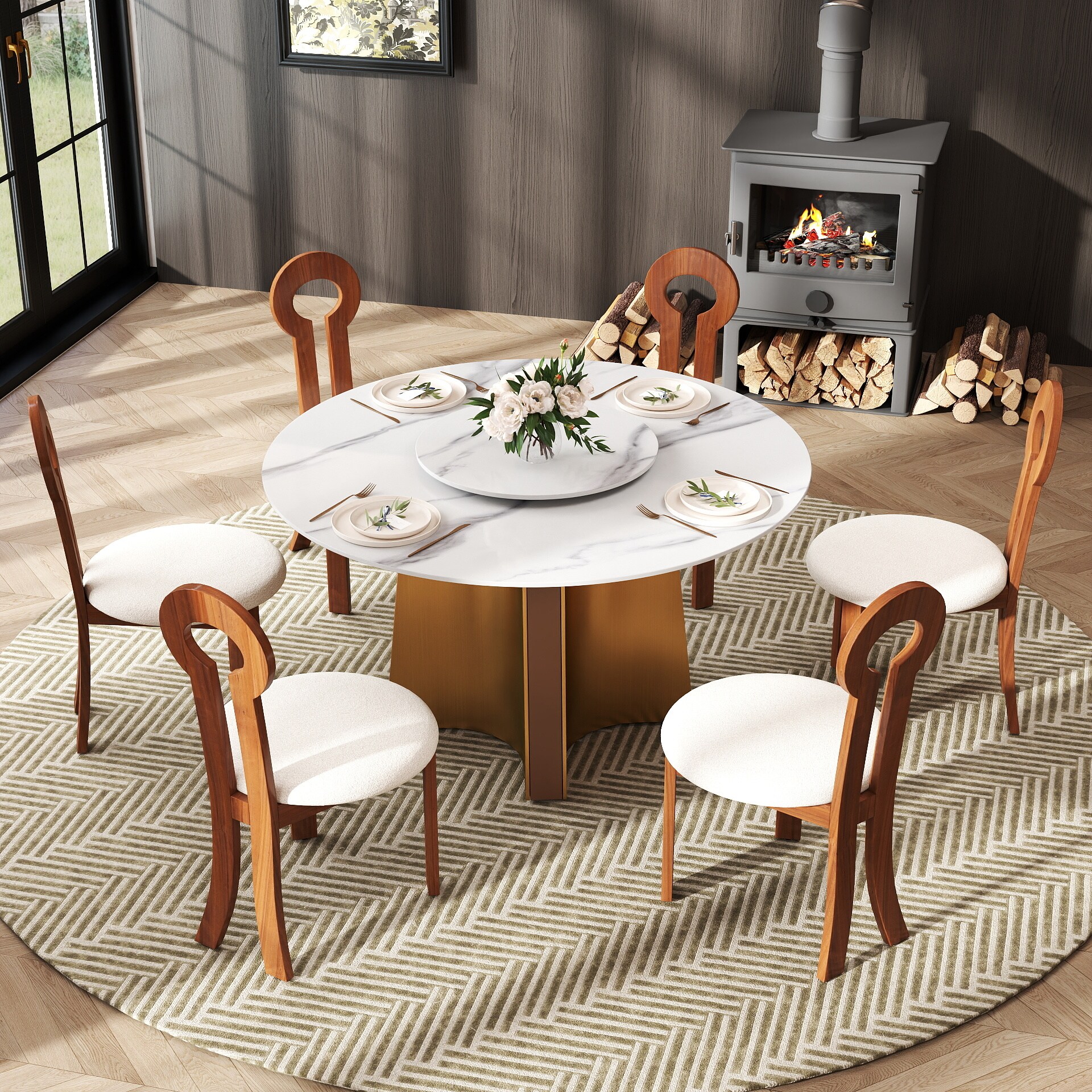 BuotiqHom DH-B-135W60-1G 53 in. Pandora + Lazy Susan Round Contemporary/Modern Dining Table, Ceramic with Primed Steel 53-in L x 29.5-in H
