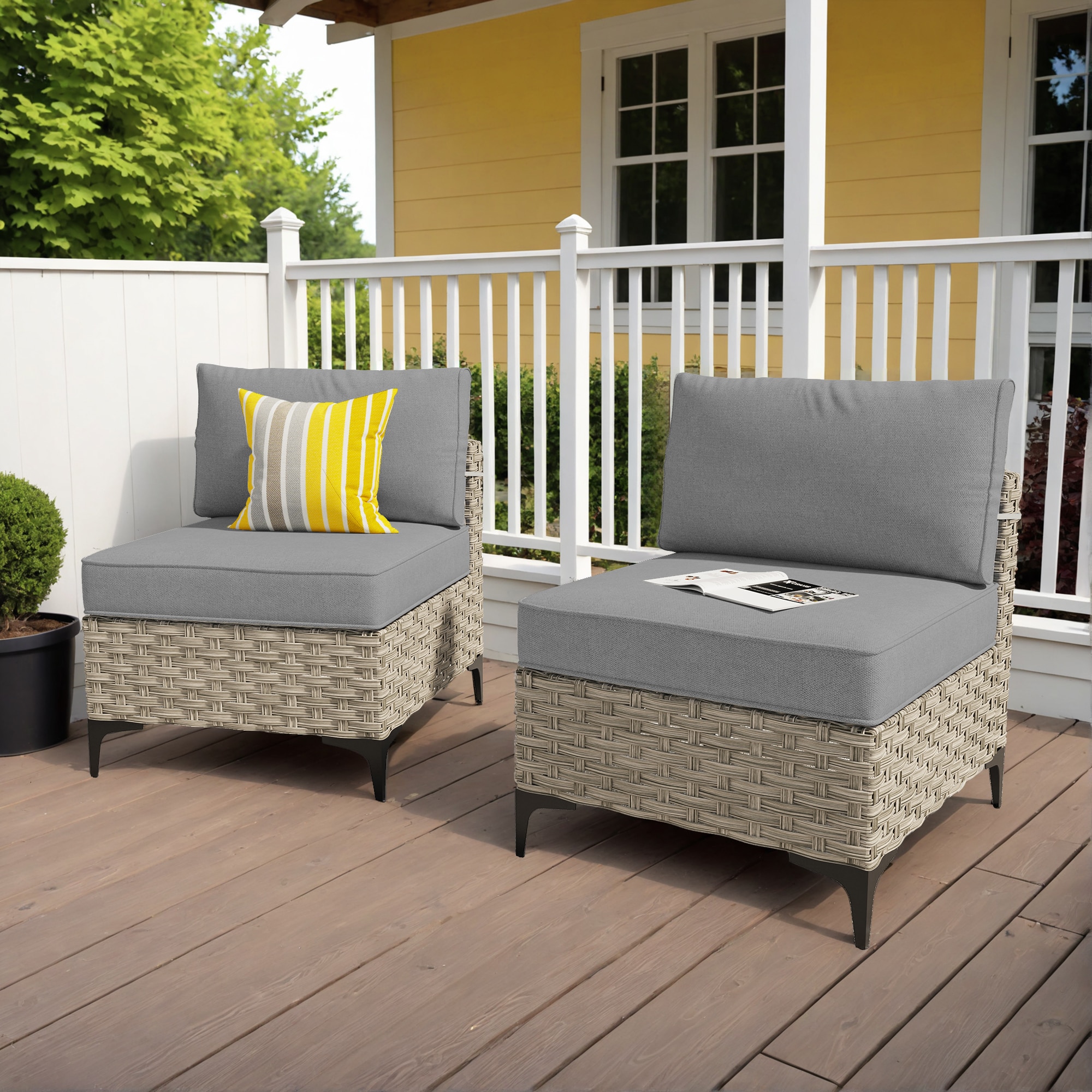 XIZZI XISKT2021 Amber Set of 2 Rattan Beige Frame With Dark Gray Cushions Metal Frame Stationary Conversation Chair with Dark gray Cushioned Seat