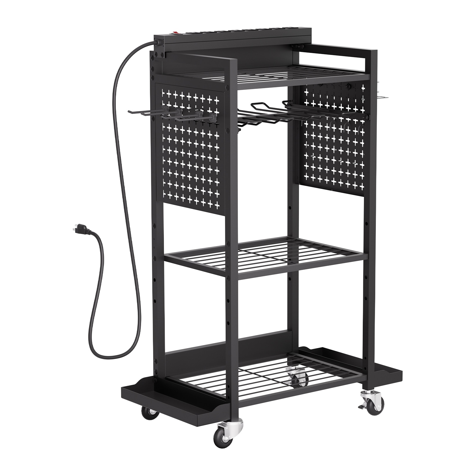 VEVOR 4-tier Tool Organizer Cart with Charging Station 8 AC Outlet Floor Stand Rolling Drill Holder and Tool Battery Storage Rack on Wheels Garage Floor Rolling Storage Cart for Workshop Garage