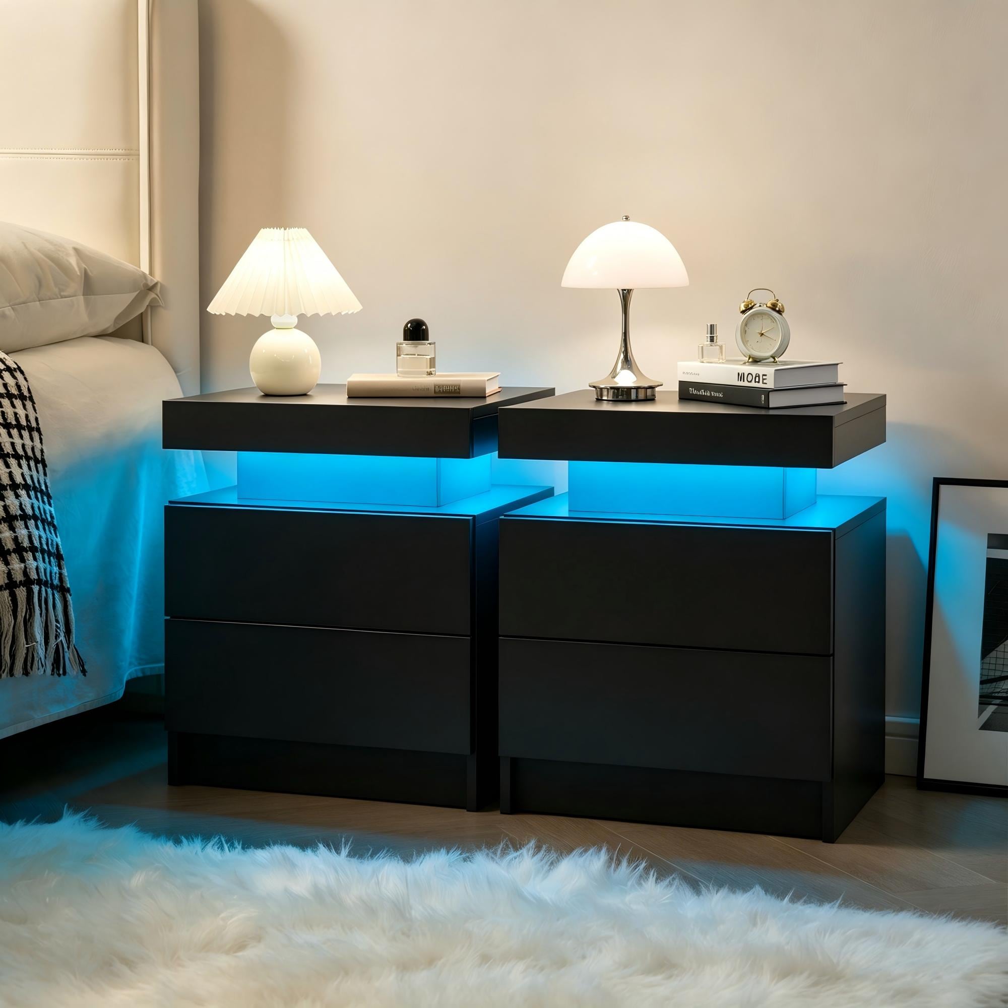 JPJPUU - LED Nightstands Set of 2 Bedside Table Cabinet with Lights and 2 Drawers for Bedroom (Bl...