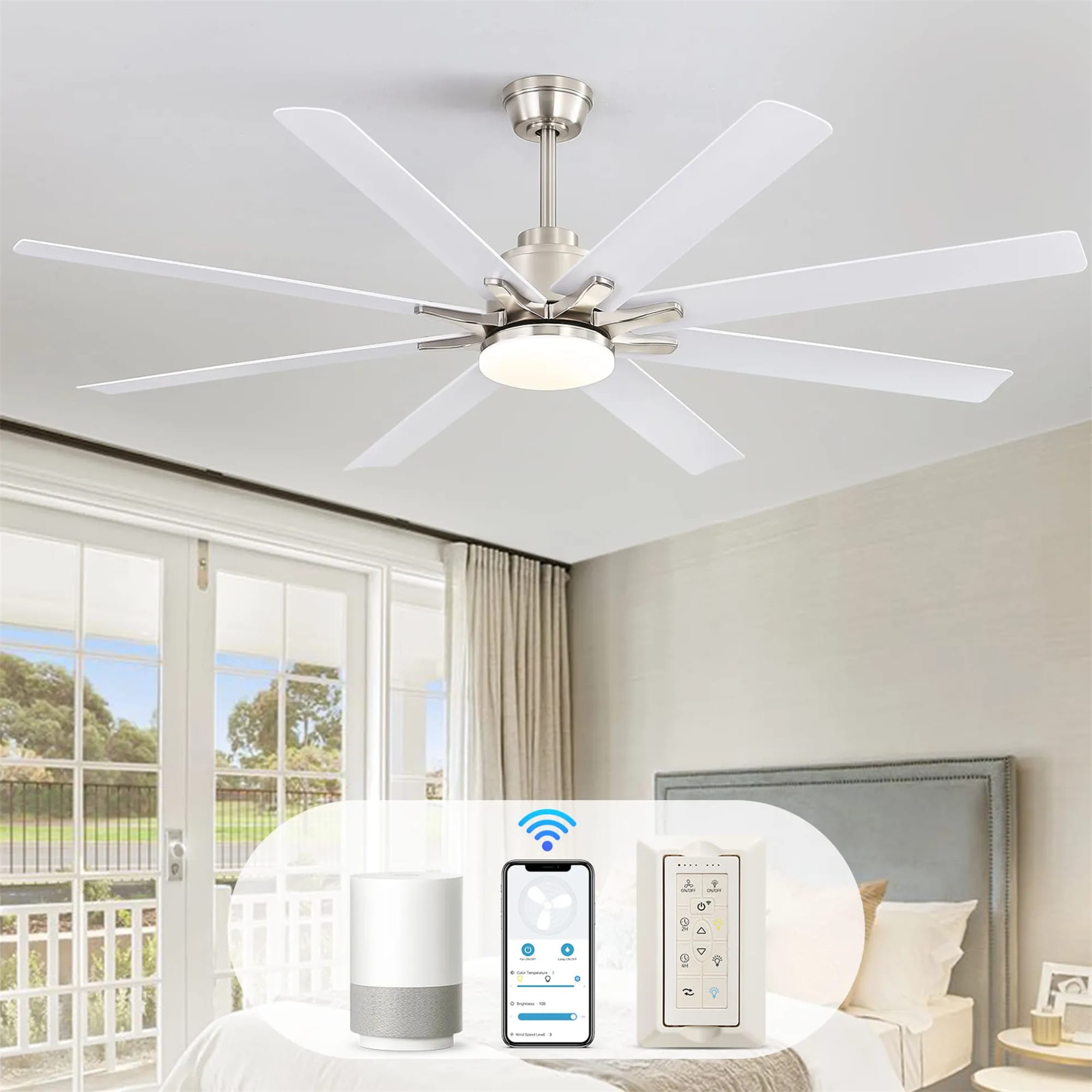 BABOOM BOM-P195845-OR 66-in Color-Changing Smart Brushed Nickel with White ABS Blades Ceiling Fan With Light - Remote Included ( 8 -Blade )