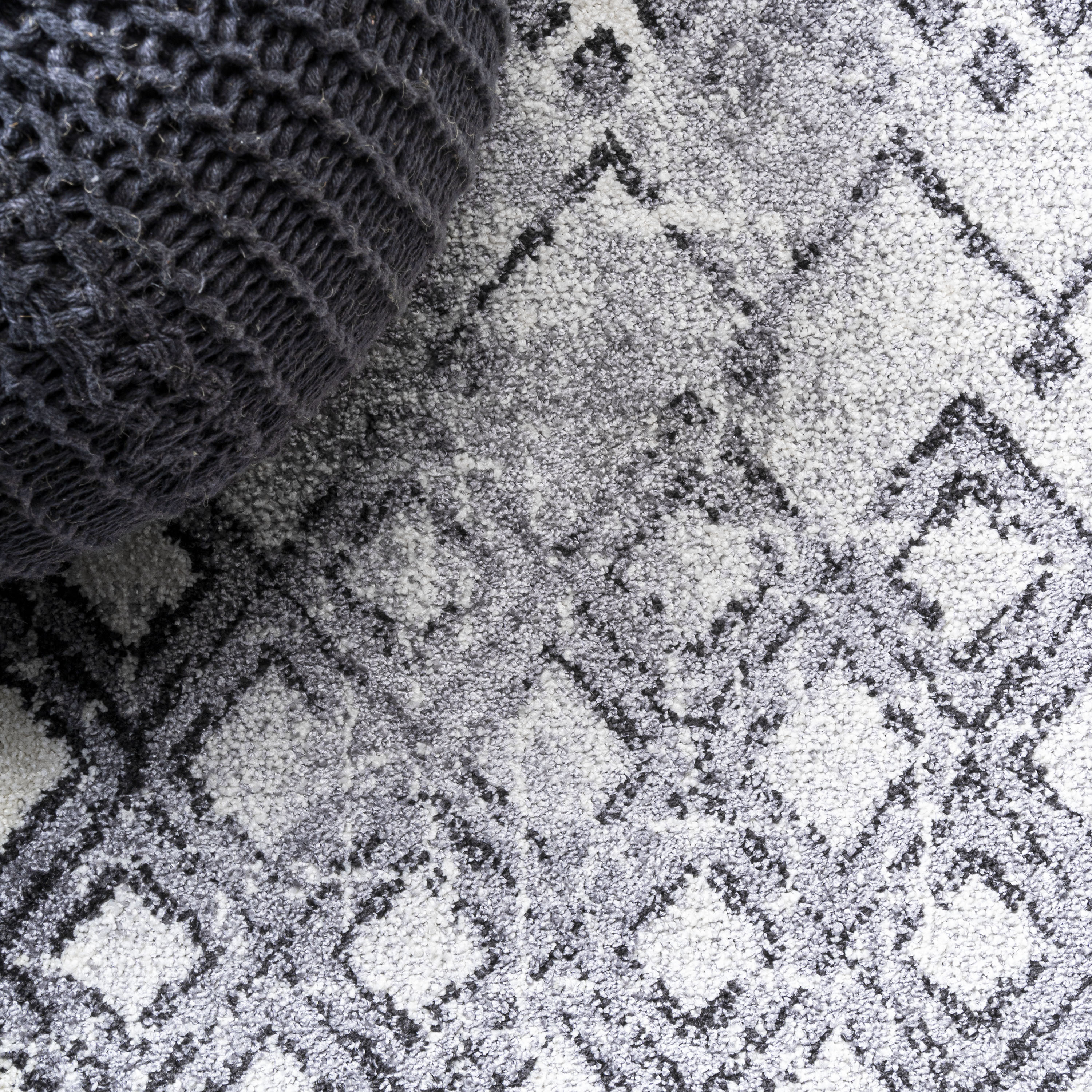 Ivory and Charcoal Moroccan Geometric Distressed Area Rug