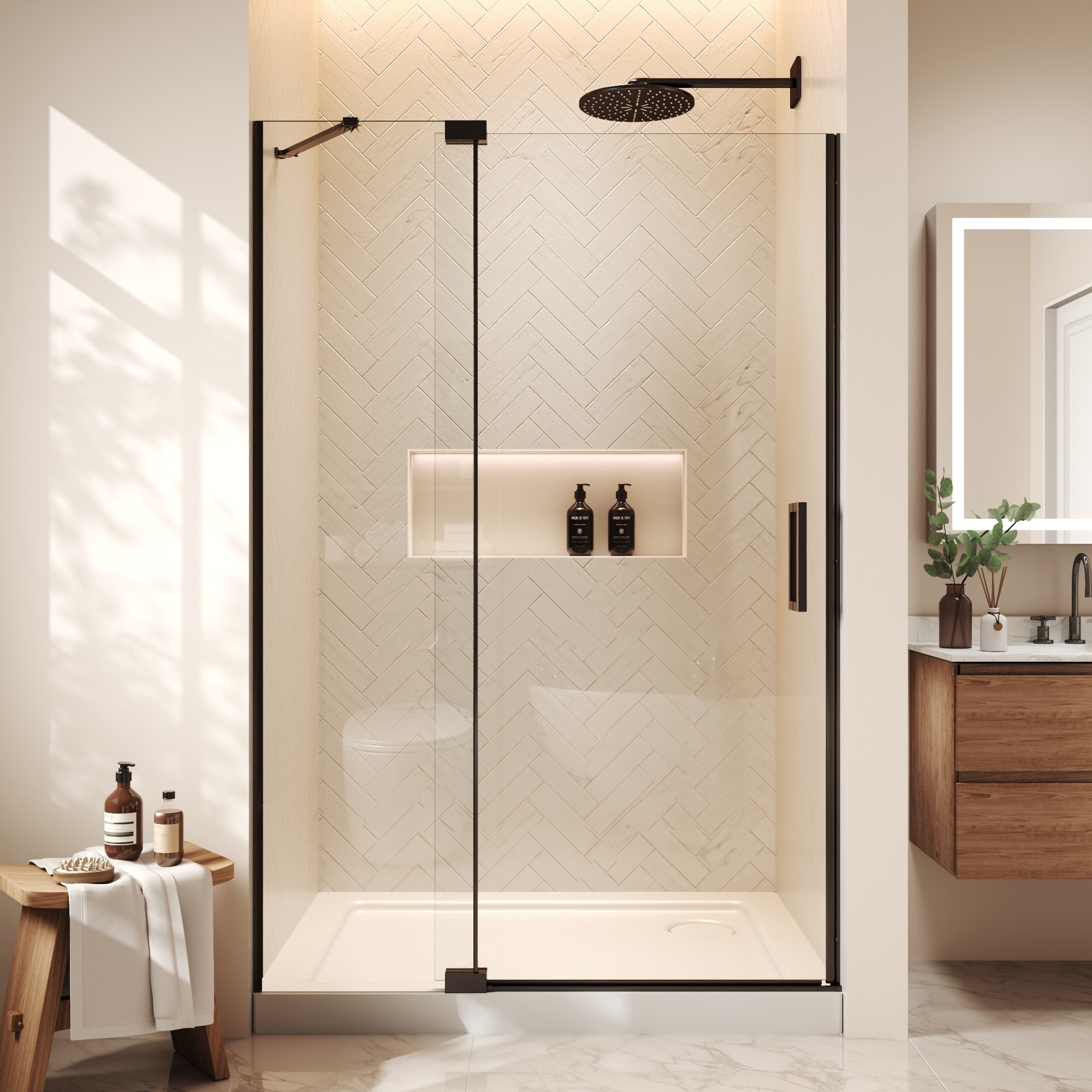 WELLFOR HH Pivot Shower Door Matte Black 44-in to 48-in W x 70-in H Frameless Clear Glass Pivot Shower door