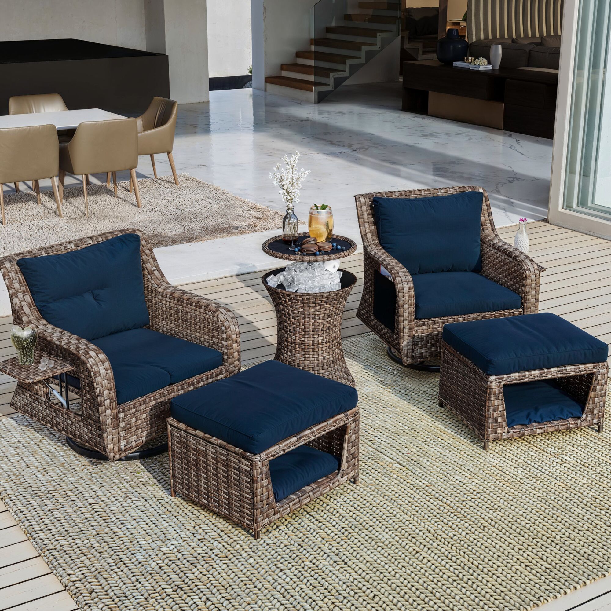 ModernLuxe L-SK000006AAC 5 -Piece Wicker Patio Conversation Set with Blue Cushions