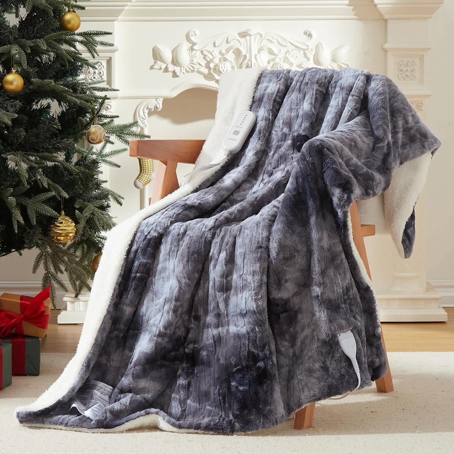 Qeetex LSH-BTQ-15A8CYYL Queen 84x90-inch Twin Rapid Heating Blanket with 5 Heat Levels and 10-Hour Auto-Off Machine Washable Soft and Thick Plush Electric Blanket Grey Tie-Dye