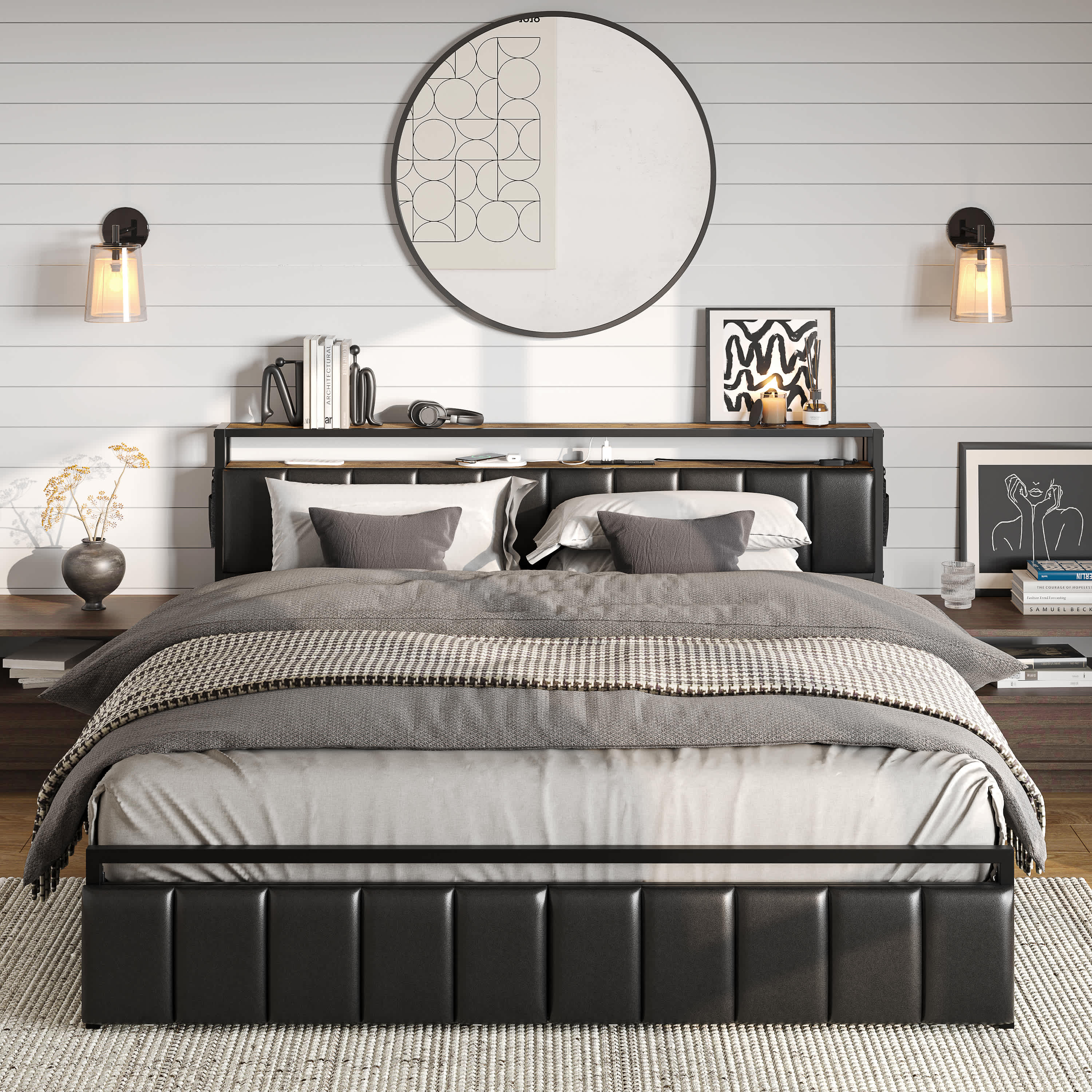 Bestier LOW-B700637H-LBLK 53.94-in W Full Size 2-Drawer Black PU Leather Bed Frame with Hidden Storage Headboard and Dual LED Light