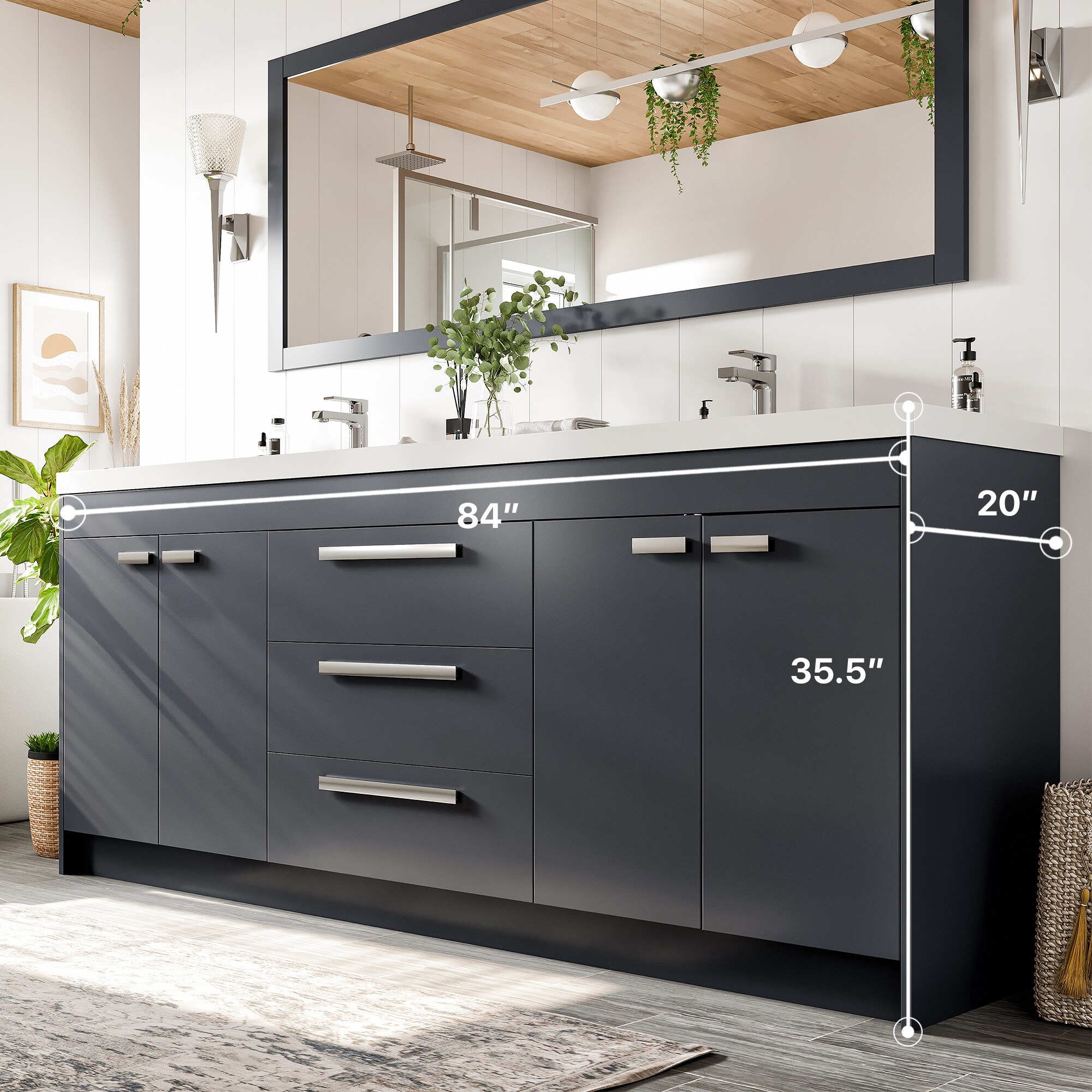 Eviva Lugano 84" Gray Modern Freestanding Double Sink Vanity with Acrylic Top