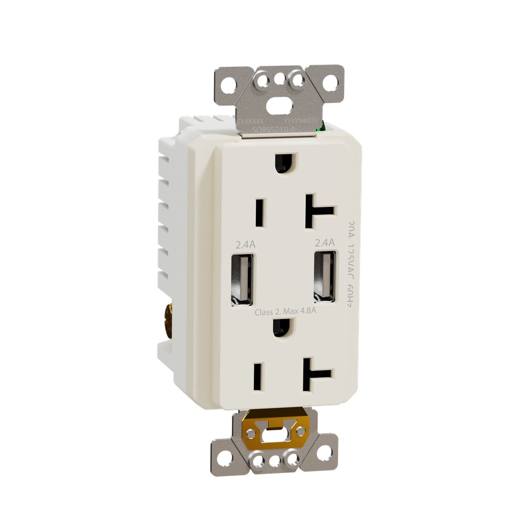 Square D SQR55241LA X Series 20 -Amp 125-volt Tamper Resistant Residential/Commercial Decorator Surge USB outlet Dual Type A , Matte Light Almond