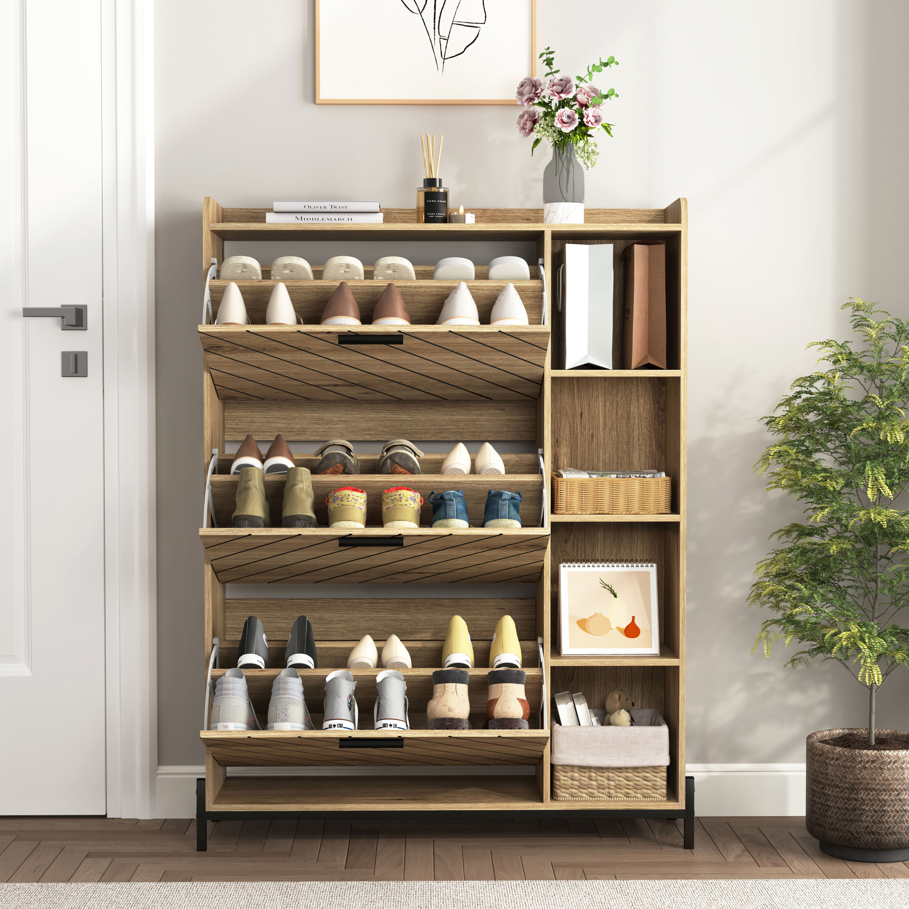 Mondawe MO-BXG1-GR 46.25-in H 3 Tier 24 pair Brown MDF Shoe cabinet