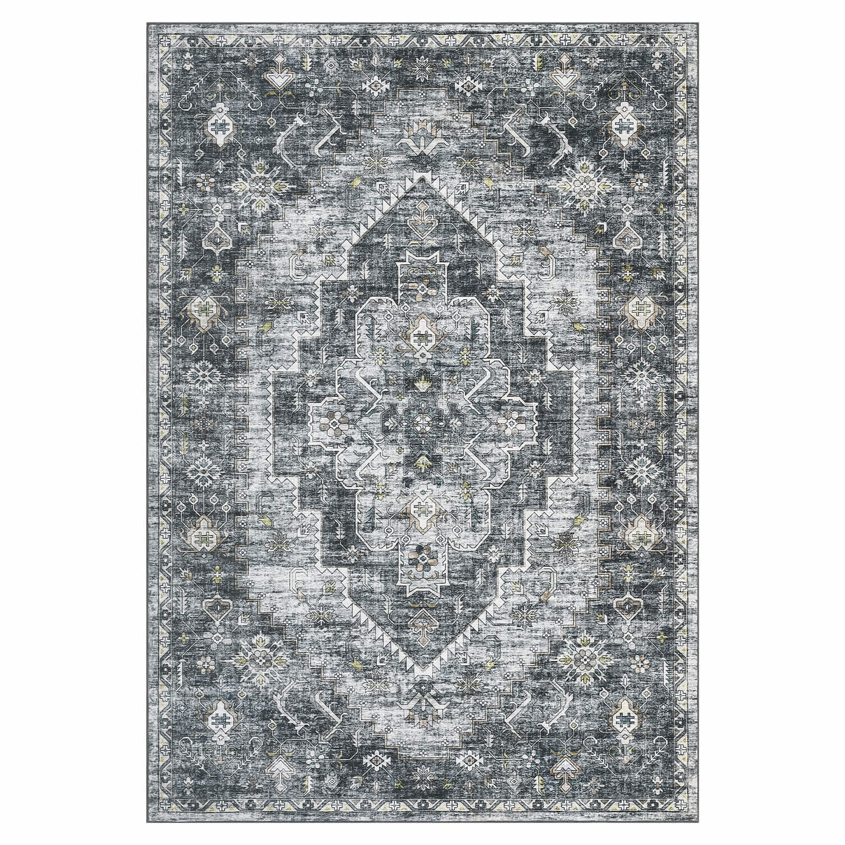 Qeetex LSN-PHO-16LHTOCB 9 x 12 ft Polyester Cashmere Imitation Gray Rectangular Hallway Bathroom Entryway Kitchen Office Foldable Flower Printed Persian Washable Area Rug