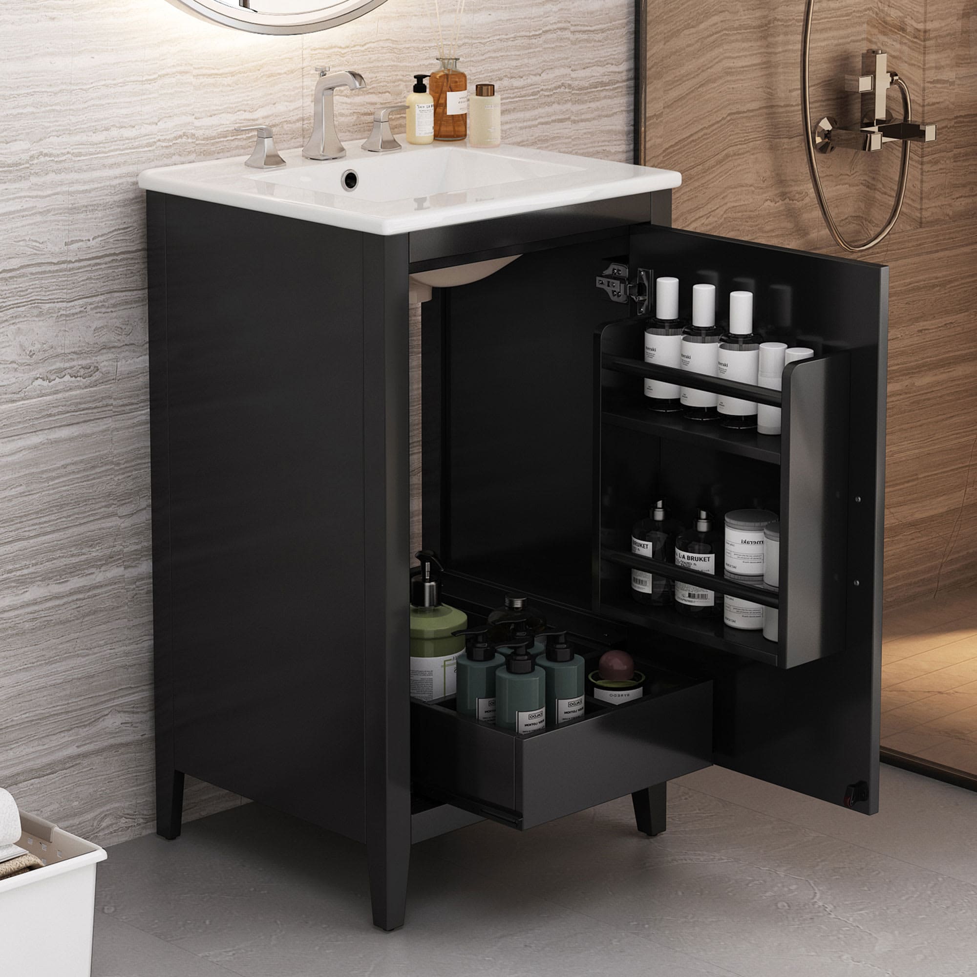 Misty Moon LW0406-NHBO-YSG-41 20.3 Inch Black Bathroom Vanity with Sink Functional Drawer Door Shelf Soft-closing Door