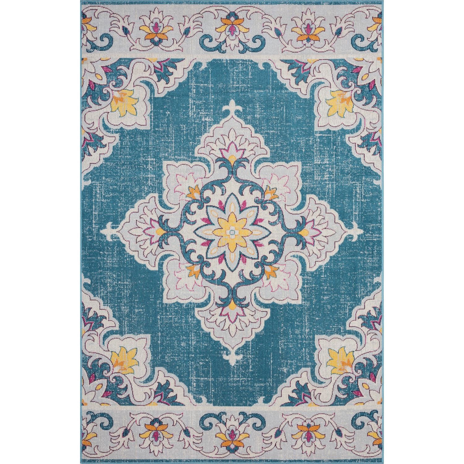 LR Home This rug features hues of Turkish blue, bold yellow, and bright  pink with a balancing gray-white to bring a colorful classic into your  space. The distressed abrash background effect highlights