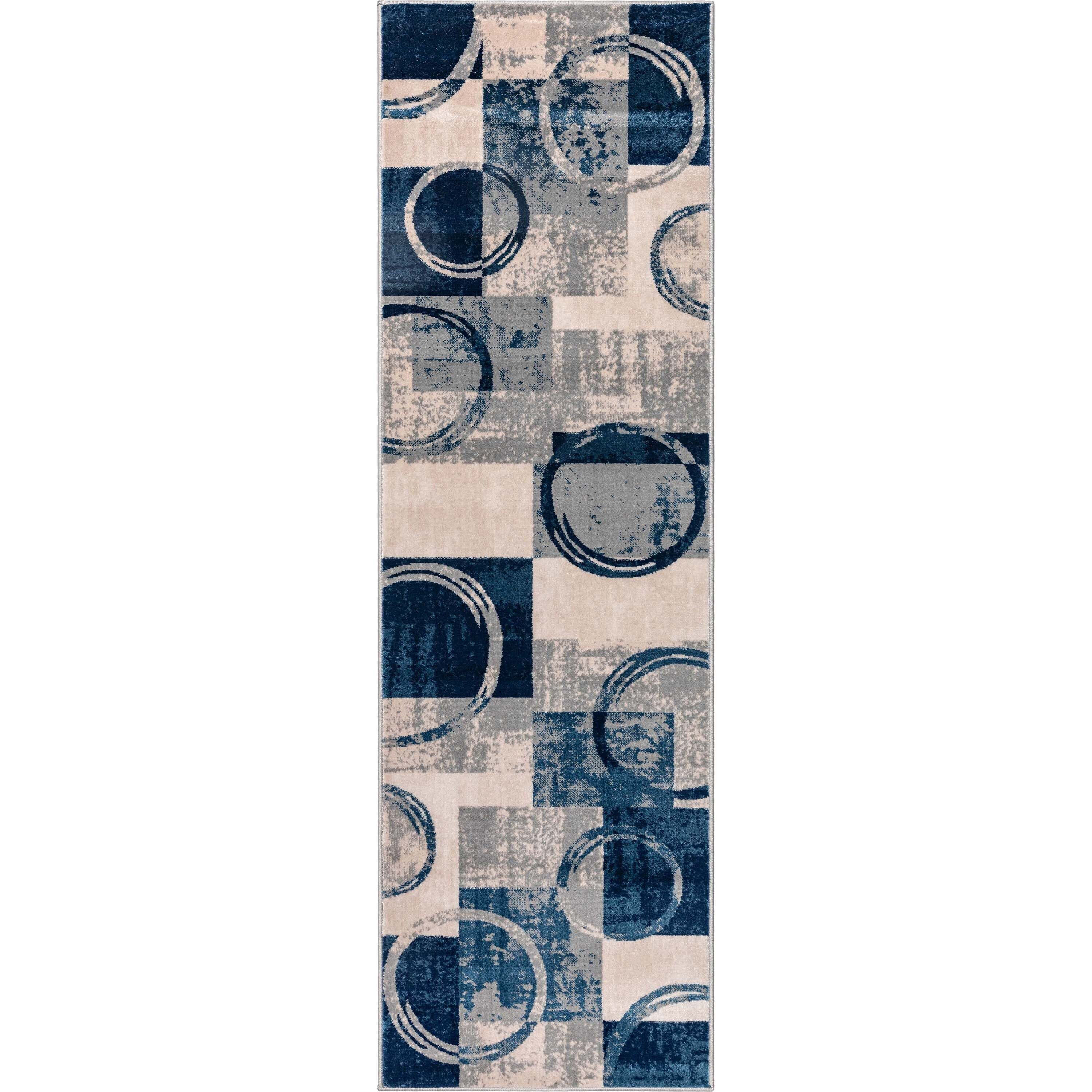 Geometric Gray Blue Synthetic Runner Rug