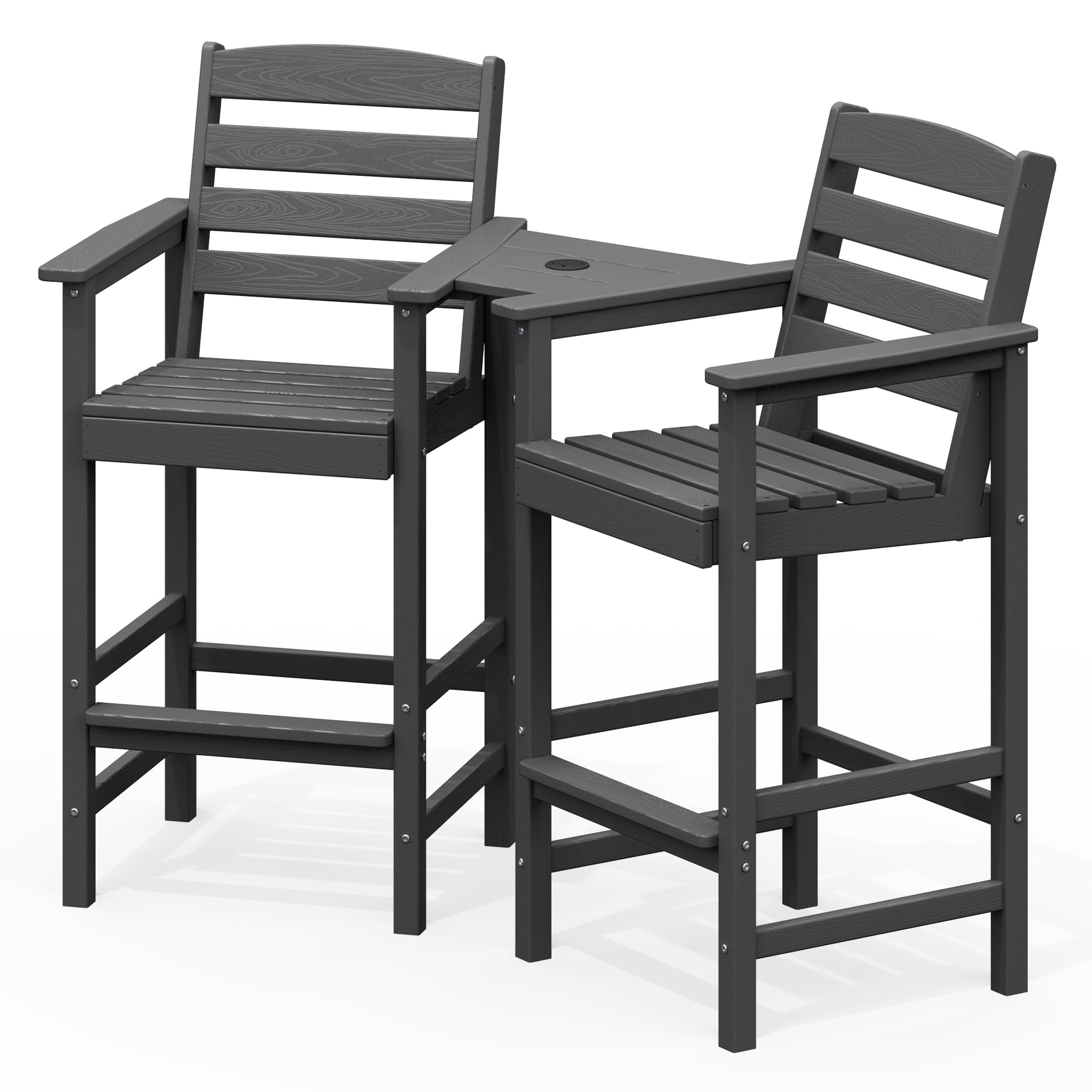 VOUA JYLTGBY-GY HDPE Patio Adirondack Chairs Set of 2 with Connecting Tray Set of 2 Gray HDPE Frame Stationary Adirondack Chair with Slat Seat